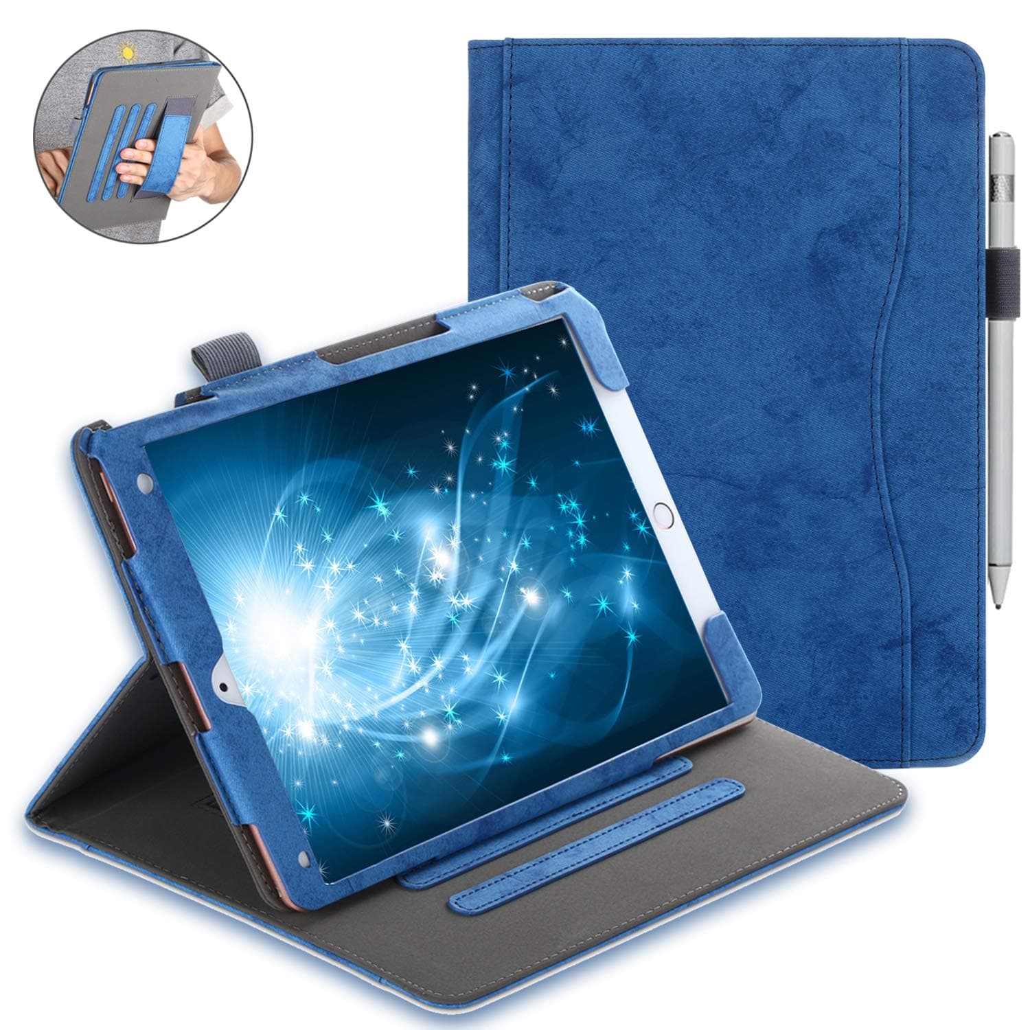 Wineecy Case for iPad 10.2 2020/2019 (7th / 8th Generation), Premium Leather Stand Folio Cover Case with Pocket, Multi-angle, Hand Strap, Auto Wake/Sleep Function for iPad 10.2" 2020/2019 (Blue)