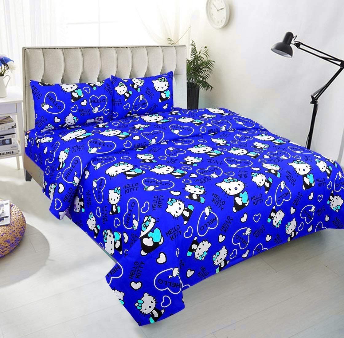 SinghsVillas Decor Glace Cotton Hello Kitty Double Bedsheet with 2 Pillow Covers (Red)