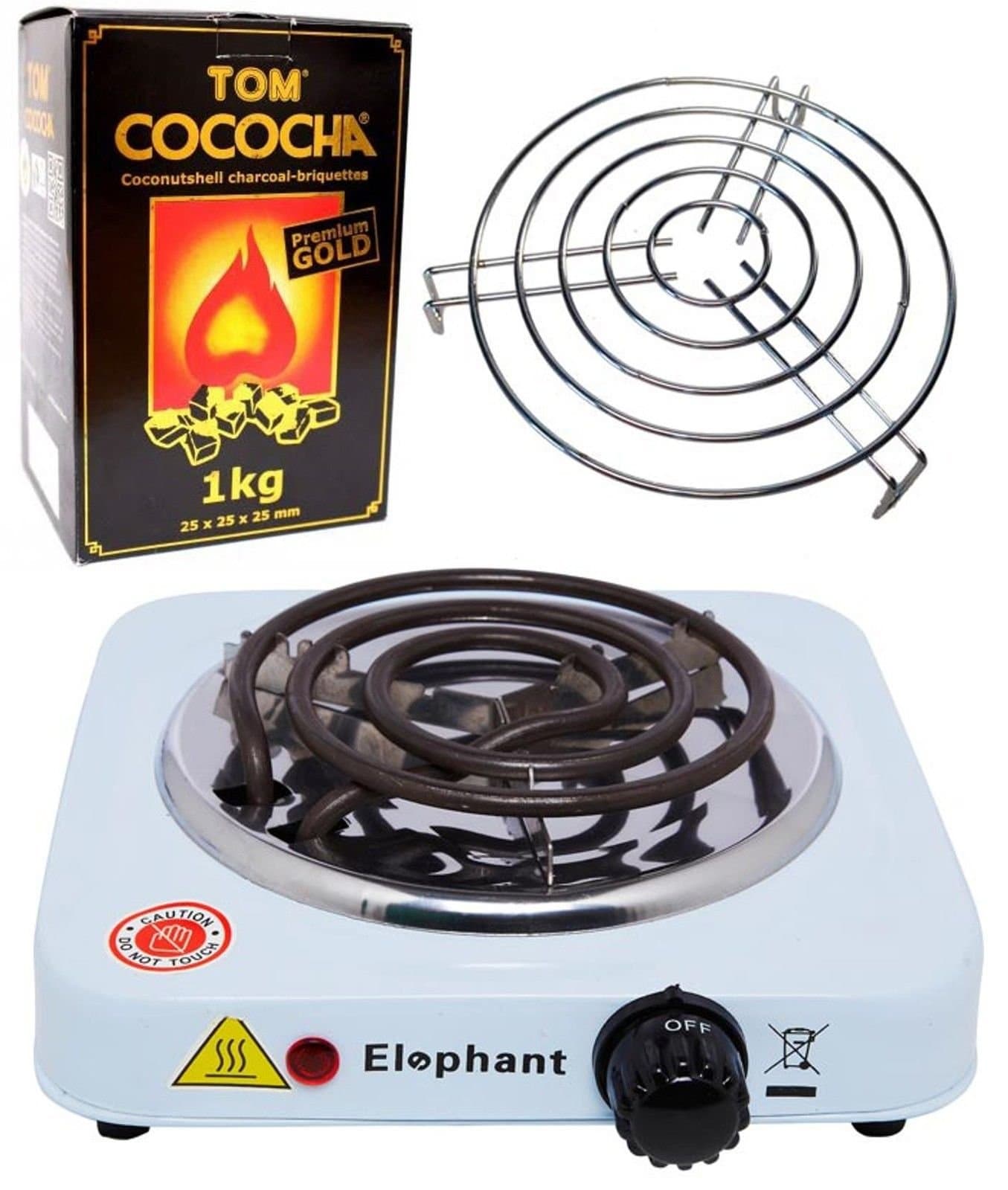 Elephant Electric Coal Lighter with Charcoal Grill with 1kg Tom Cococha Gold Natural Charcoal
