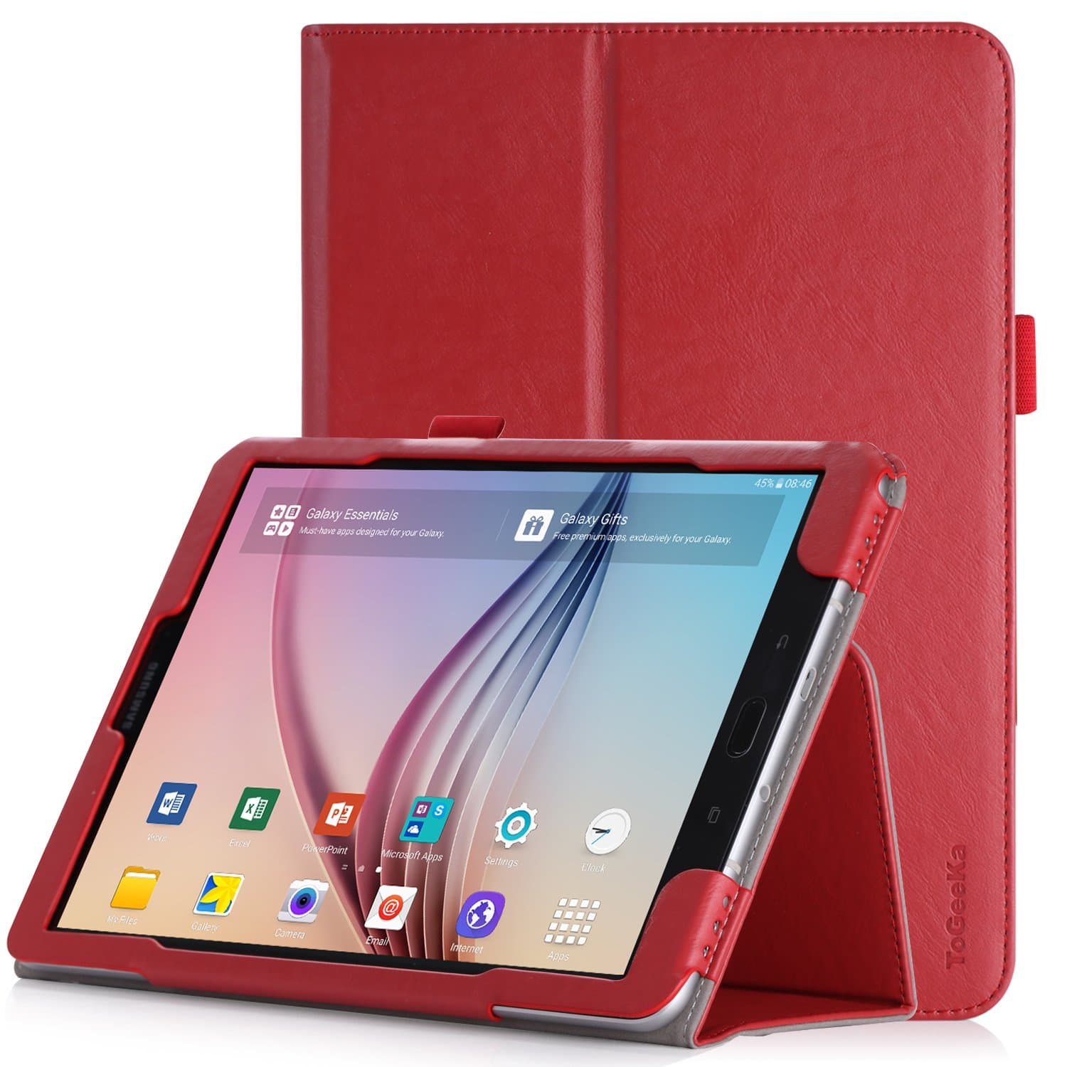 Samsung Galaxy Tab S3 9.7 Case, ToGeeKa PU Leather Stand Cover Case Holder with Hand Strap and Card Slot for Galaxy Tab S3 9.7 inch SM-T820 T825 with auto Sleep/Wake Function, Red