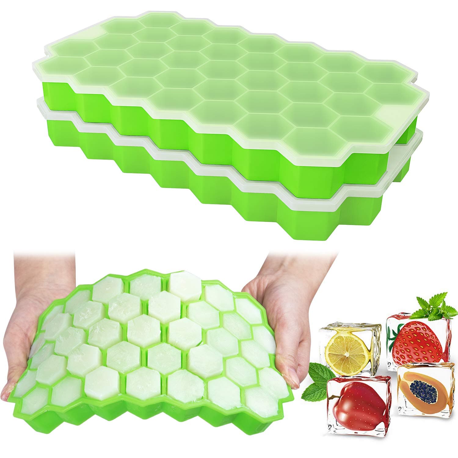 Ozera 2 Pack Silicone Ice Cube Trays with Lids for Whiskey, Cocktail, Stackable Flexible-74 Cavities, One Size, Z-Black