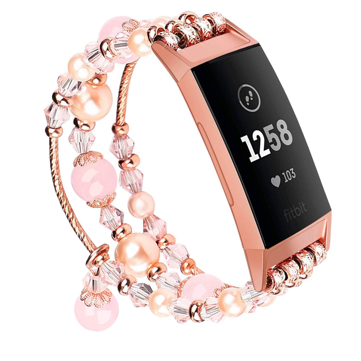 V-MORO Pink Band Compatible with Fitbit Charge 3/3 SE Bands Rose Gold Women Fashion Handmade Jewelry Bracelet Elastic Stretchy Faux Pearl Bead Wristband Replacement for Fitbit Charge 3/3 SE Smartwatch