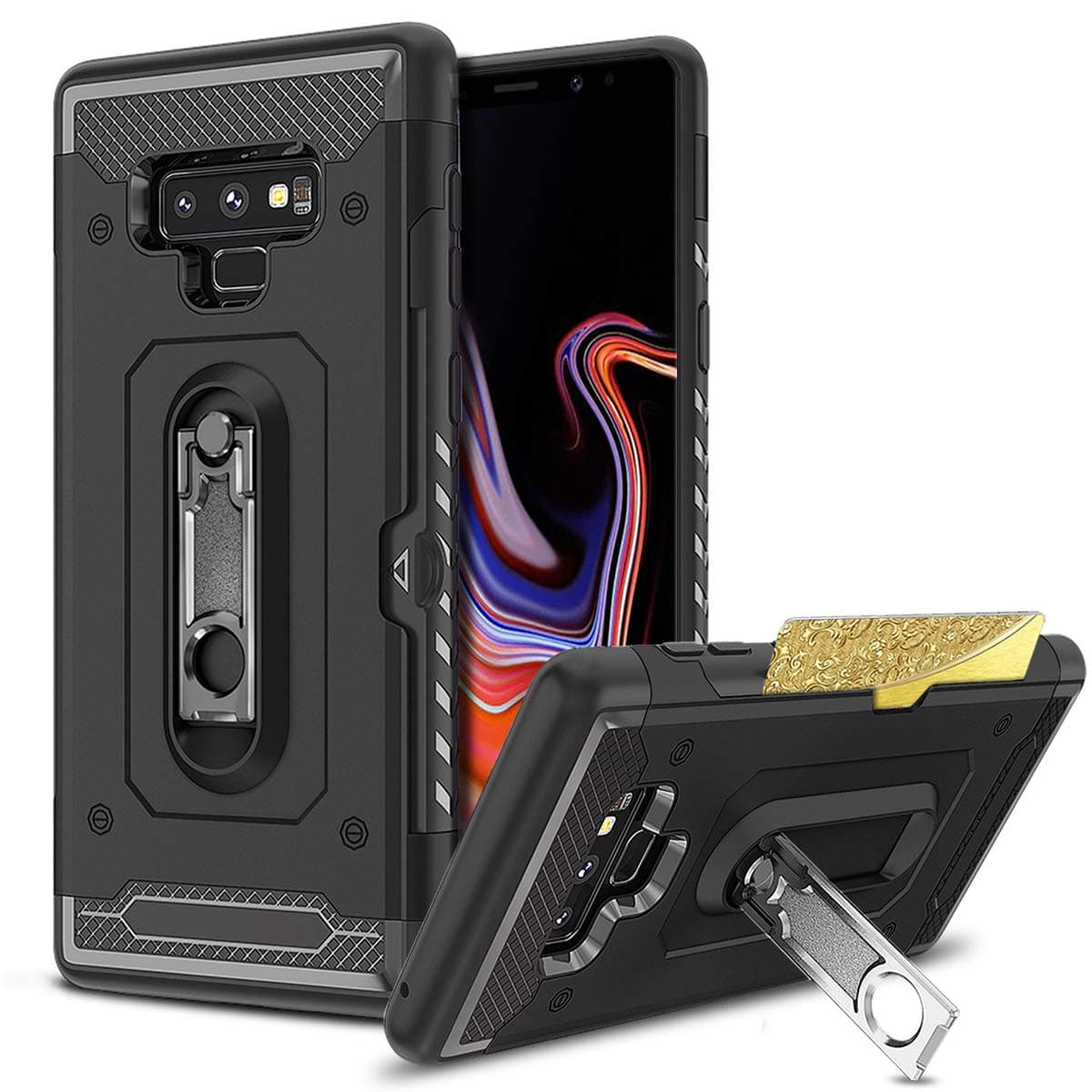 Black Galaxy Note 9 Case with Kickstand,GREATRULY Heavy Duty Dual Layer Rugged Armor Phone Case for Samsung Galaxy Note 9 (2018),Hard Shell + Shockproof TPU + Unique Stand + Card Holder,KS-C