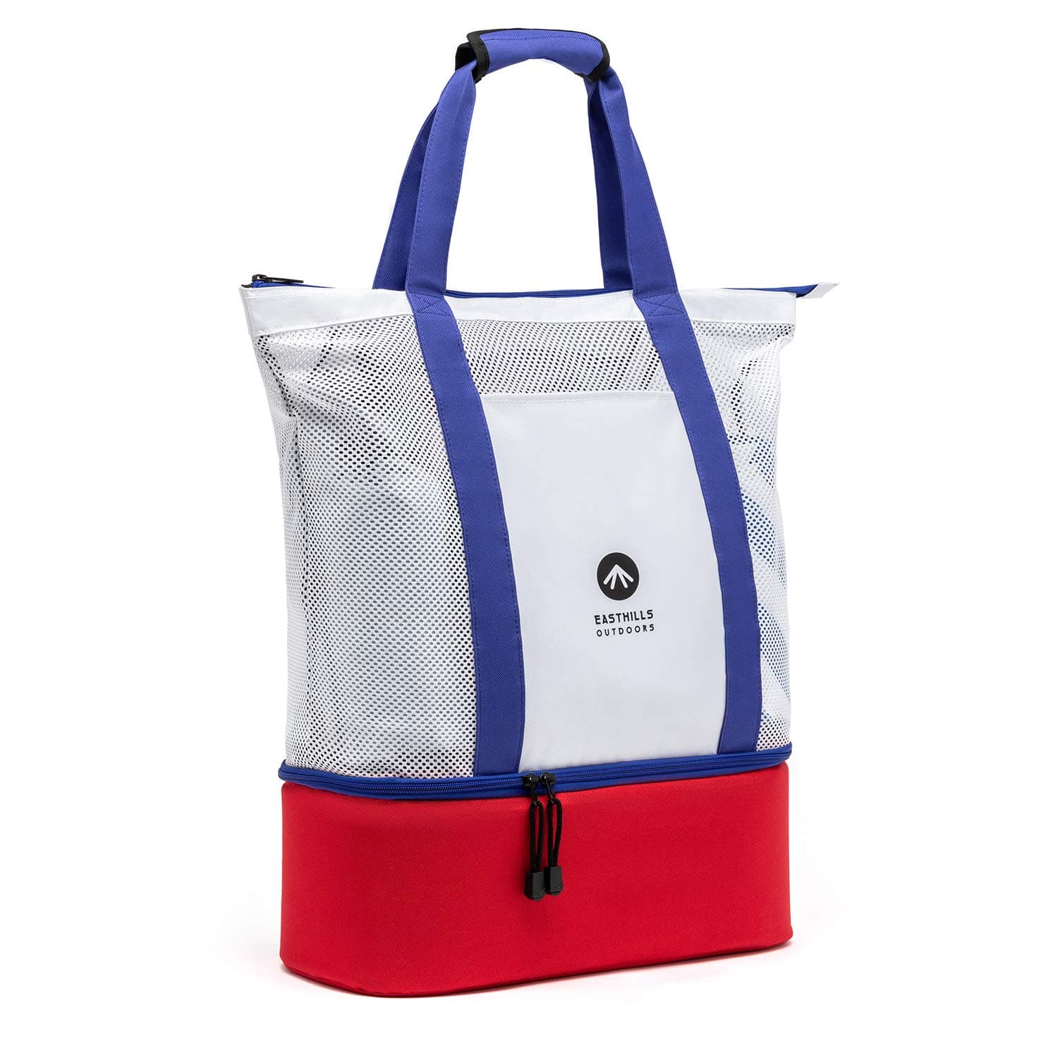 Easthills Outdoors Carryall Top Zipper Mesh Beach Bag with 12 cans Insulated Leakproof Rigid Bottom Cooler, Travel Tote Bag Backpack with Adjustable Comfy Shoulder Straps Red