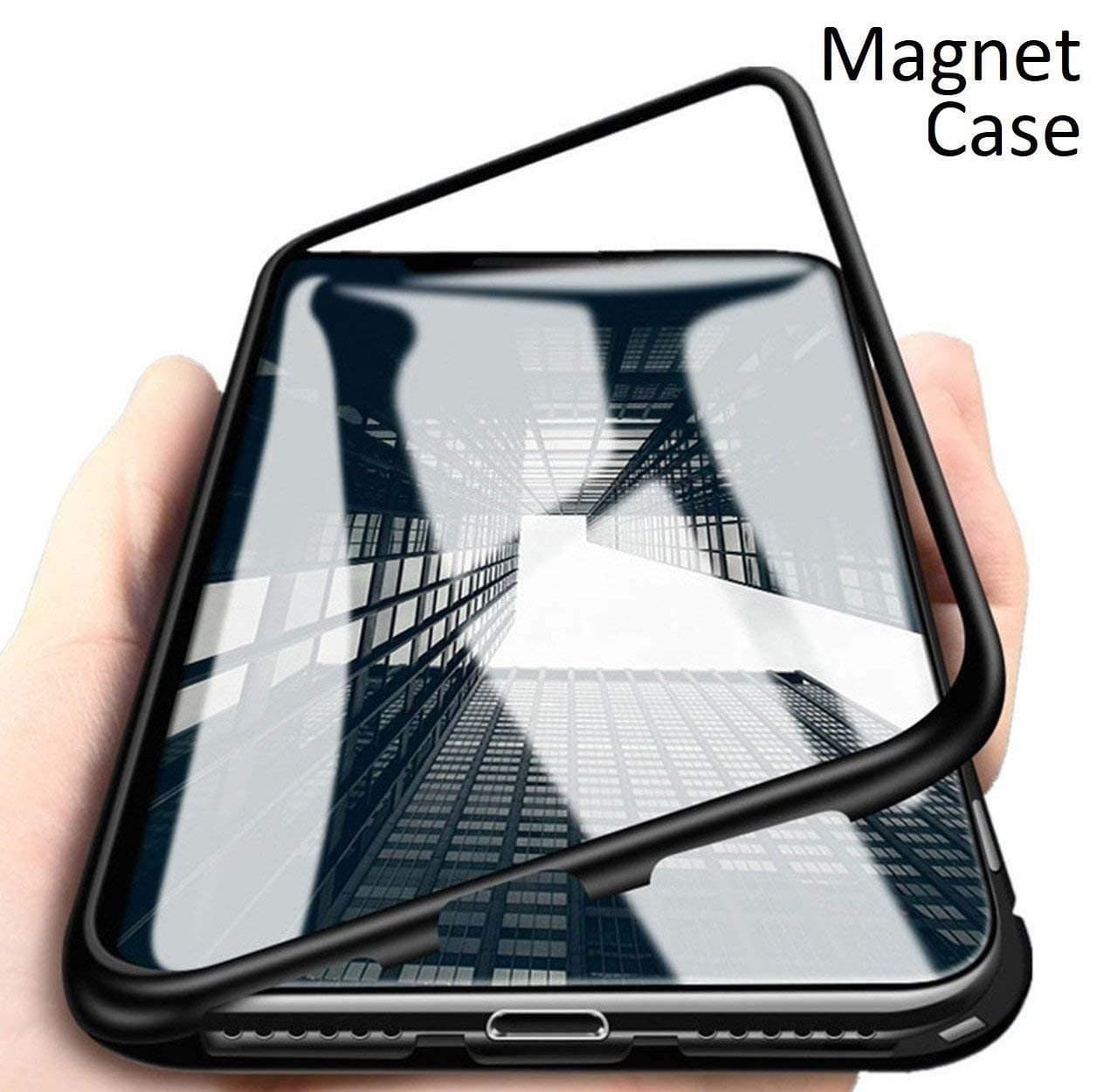 Trifty Slim Magnetic Flip with Metal Frame & Back Side Transparent Tempered Glass Back, Built-in Powerful Magnet Flip Back Cover Case for 1+7 Pro (Black)