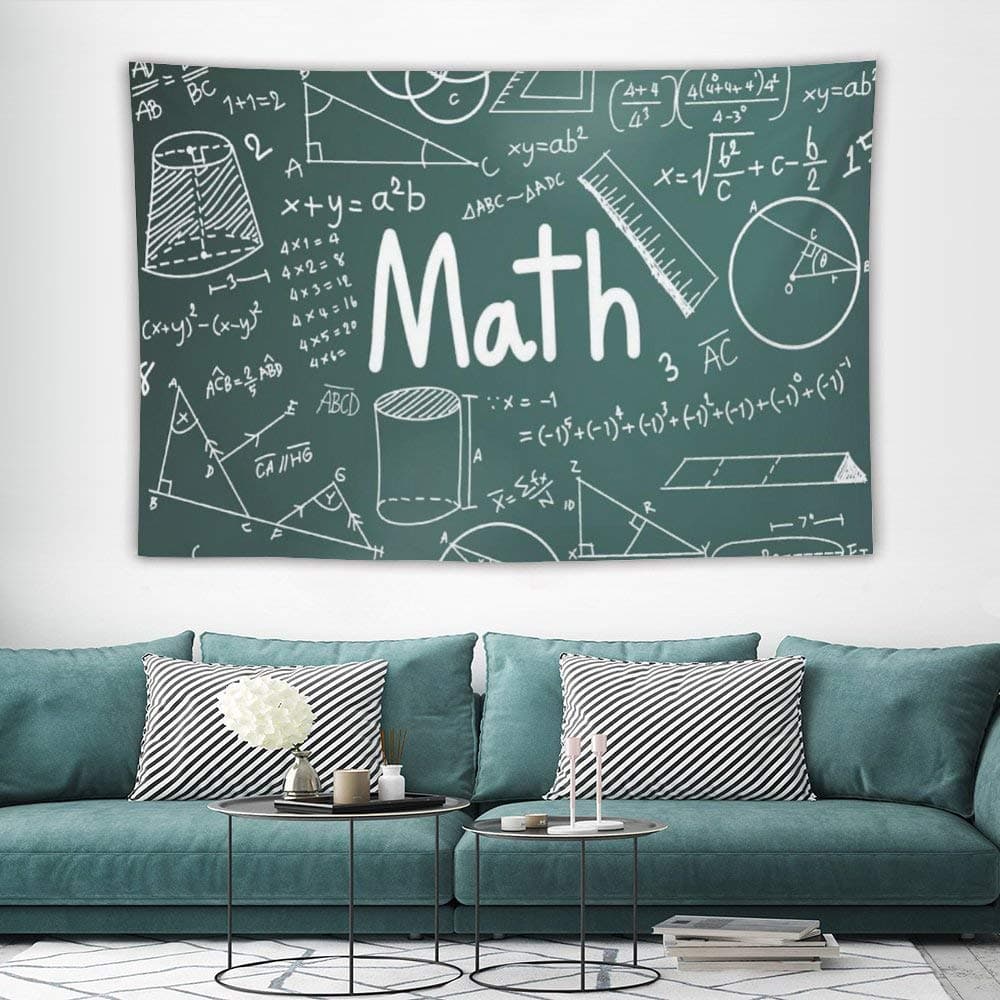 Mathematics Classroom Decor Tapestry for Men Hippie School Board Full of Drawings Formulas Shapes Theory Math Word for Living Room Teal White W70x L93 Inches
