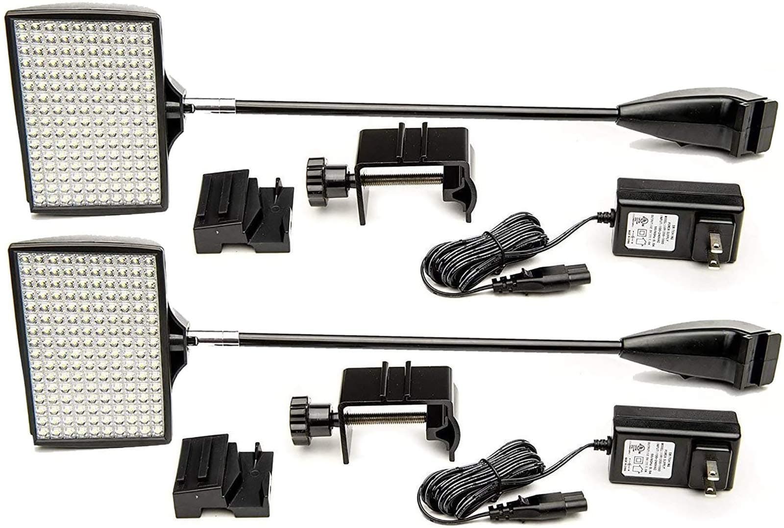 HitLights LED Display Lights, 12V DC Trade Show Light, Display and Exhibit LED Arm Lights Pop-Up Halogen Replacement, Includes UL Power Supply and Mounting Hardware (2Pack C-Clamp-Silver)