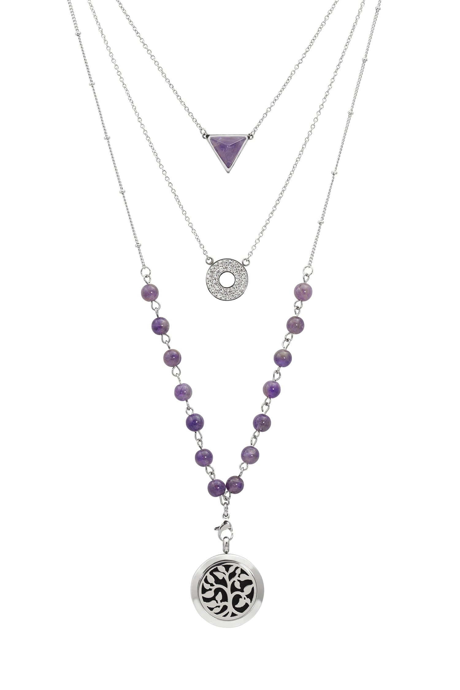 AromaLuxe London Silver And Amethyst Essential Oil Diffuser Necklace, Multi-Layer Chain 6Mm Bead; Silver 25Mm Locket; 9 Colored Diffuser Pads, Velvet Bag - 48Cm/18.9", 58Cm/22.8", 68Cm/26.8", 6Mm Bead