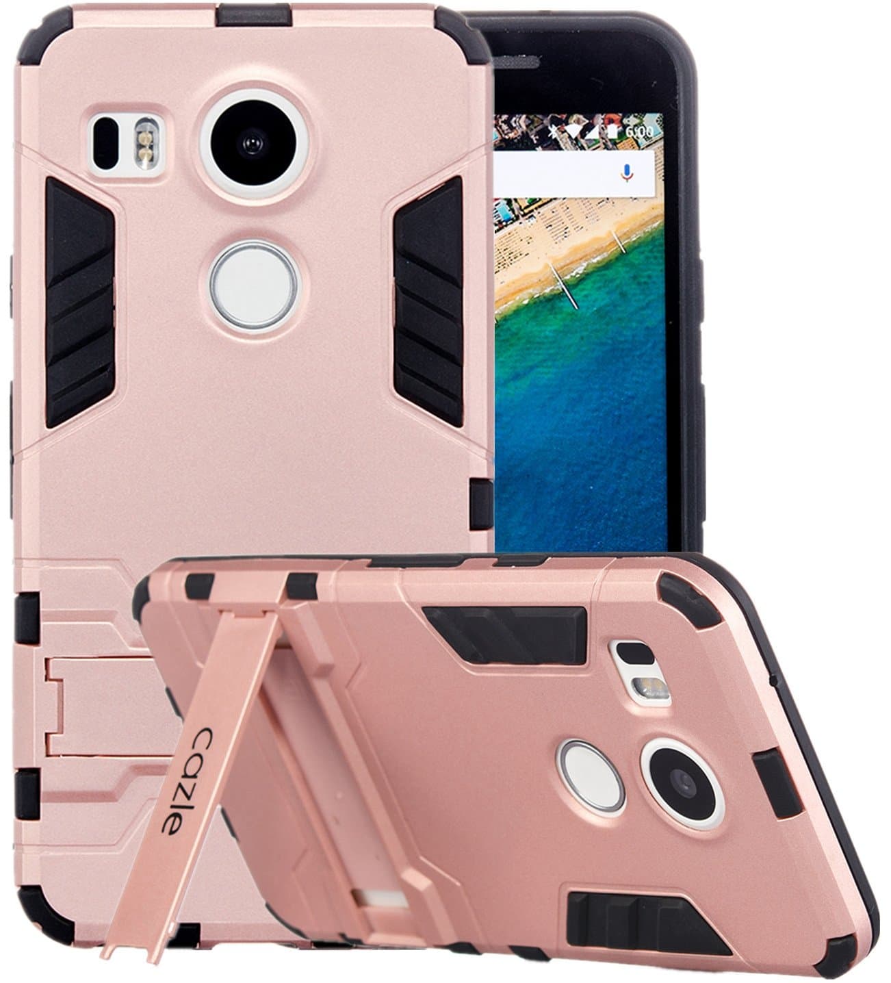 LG Nexus 5X Case, Iron Dual-Layer Ultra Slim Light Weight Matte Full Body Protective Cover with Built in Foldable Kickstand for Google Phone LG Nexus 5X by Cazle (Rose Gold)