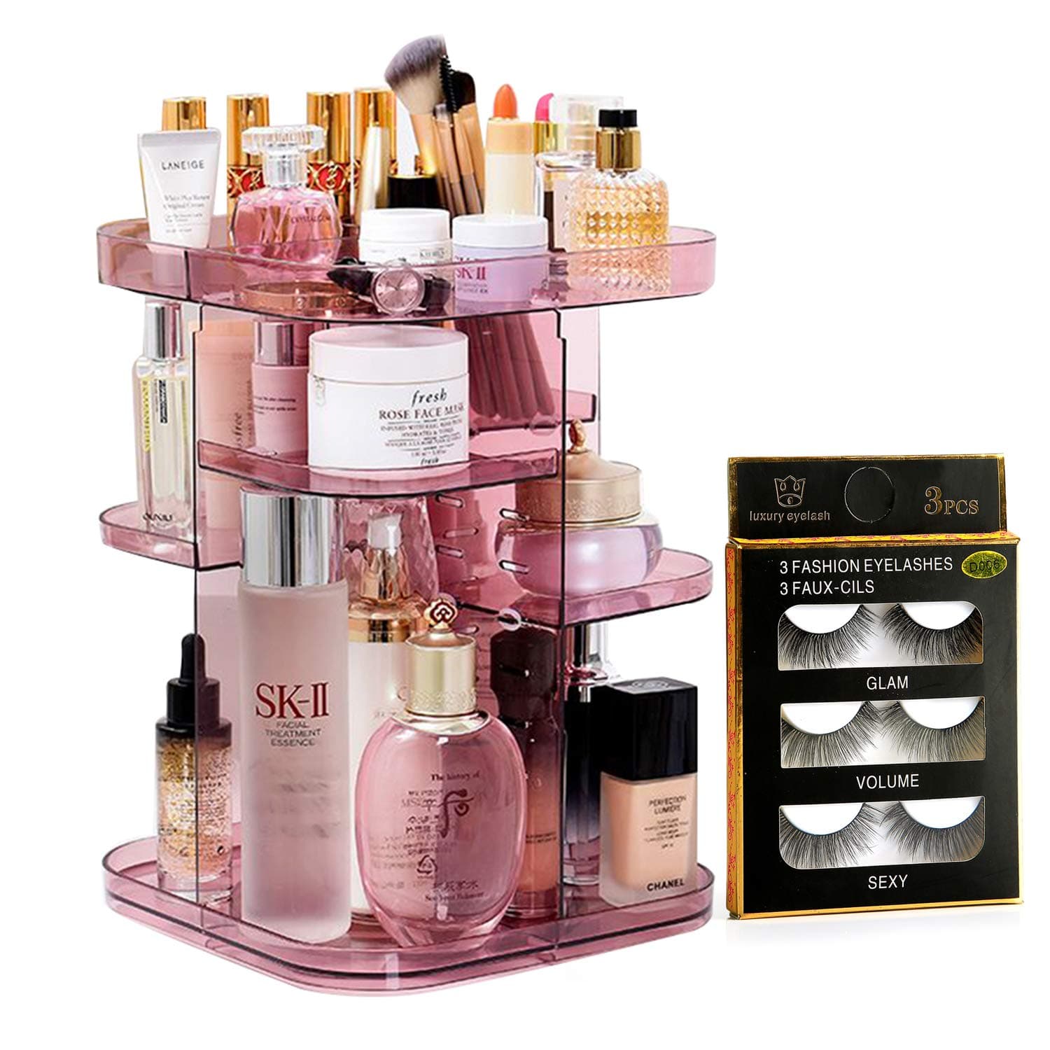 Upgraded Makeup Organizer 360º Smooth Spinning Sturdy Acrylic (NOT PLASTIC) Cosmetic Storage Display Case for Brushes Lipsticks Rings-Free Returnless Replace Warranty (Pink)