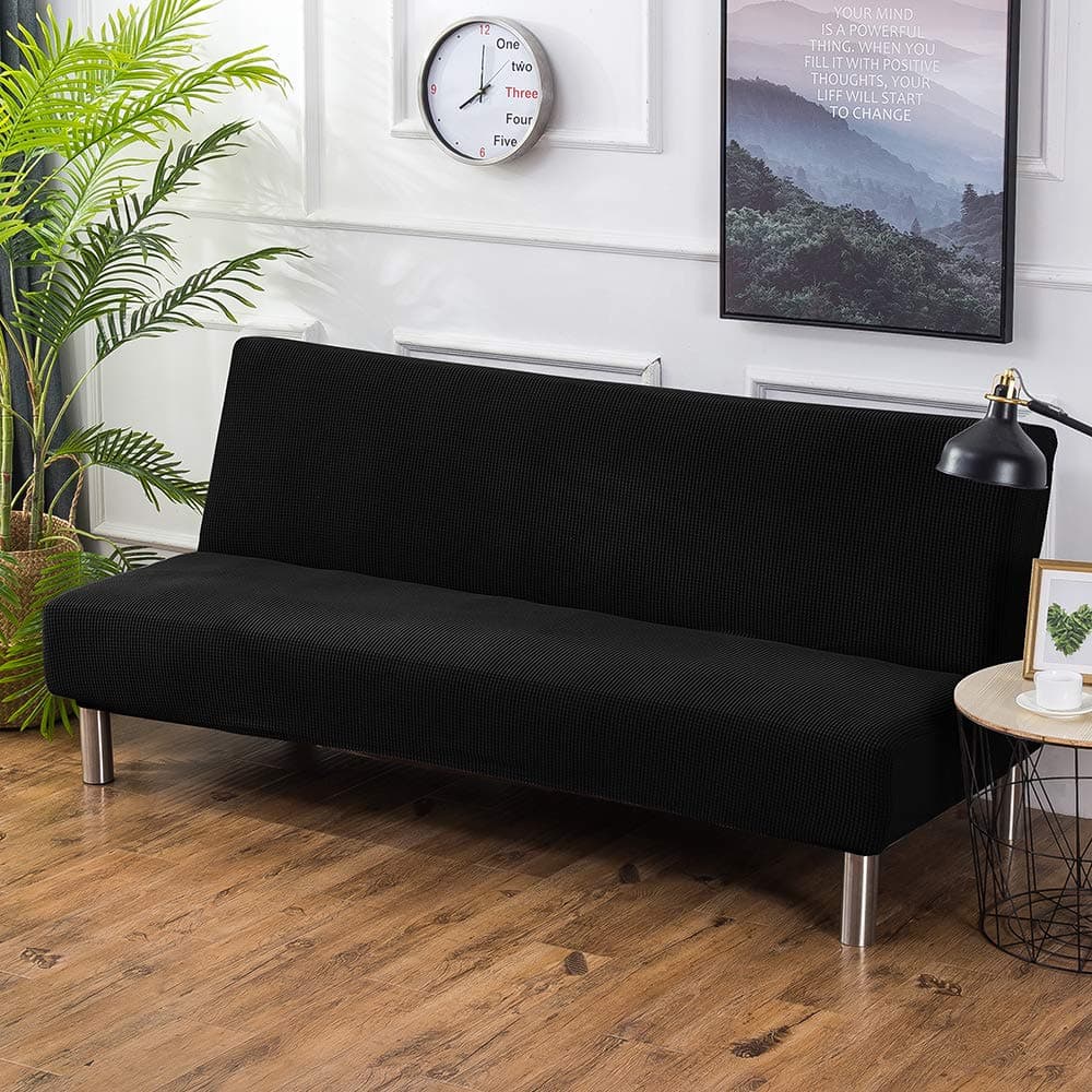 RMCKJ Sofa Bed Covers Sofa Slipcover Armless 3 Seater Solid Colour Modern Stretch Polyester Spandex Slipcover Protector Folding Couch Sofa,Black-S