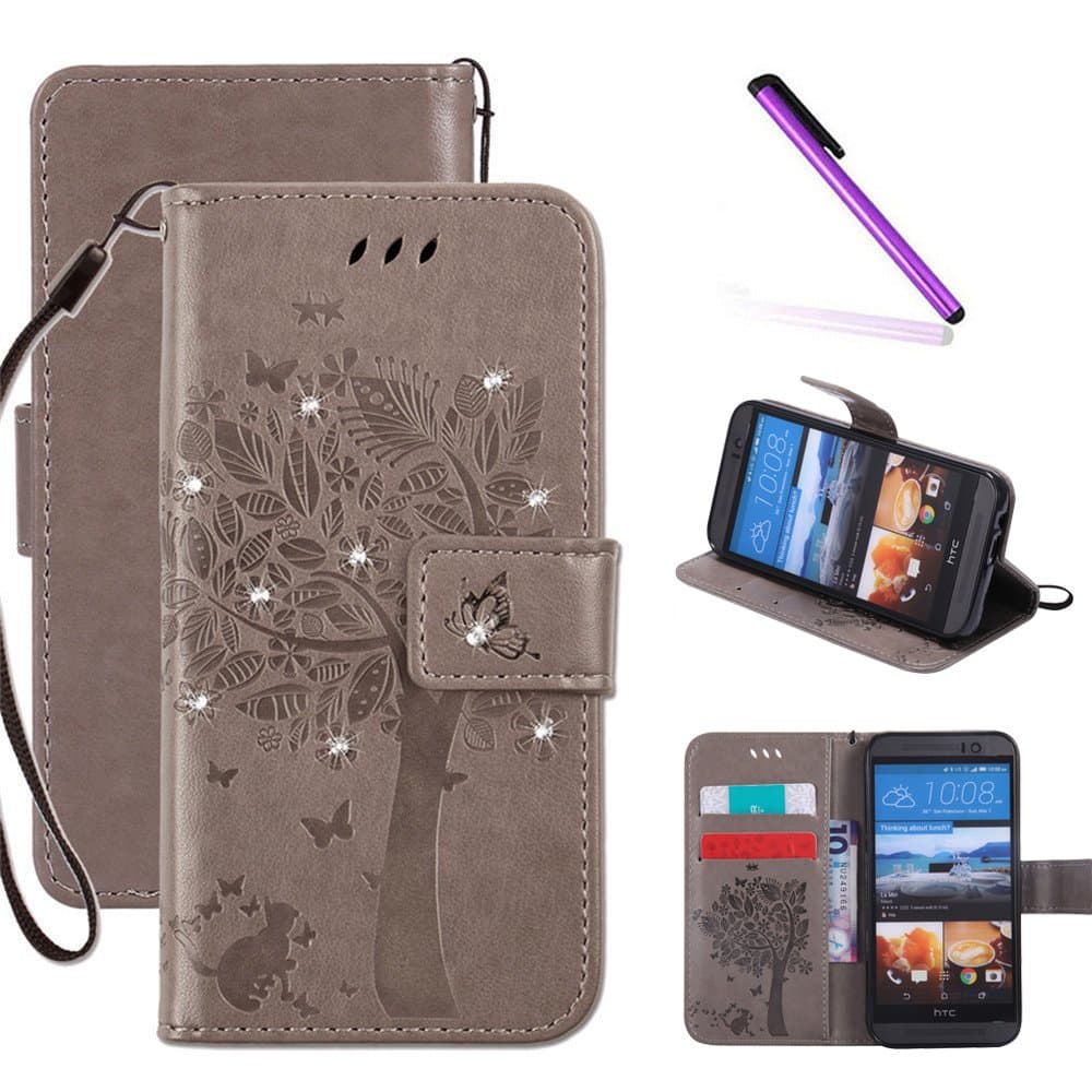 HTC One M9 Wallet Case, LEECOCO Embossed Floral 3D Handmade Bling Crystal Diamonds Butterfly with Card Slots Magnetic Flip Stand PU Leather Wallet Case for HTC One M9 Wishing Tree Gray