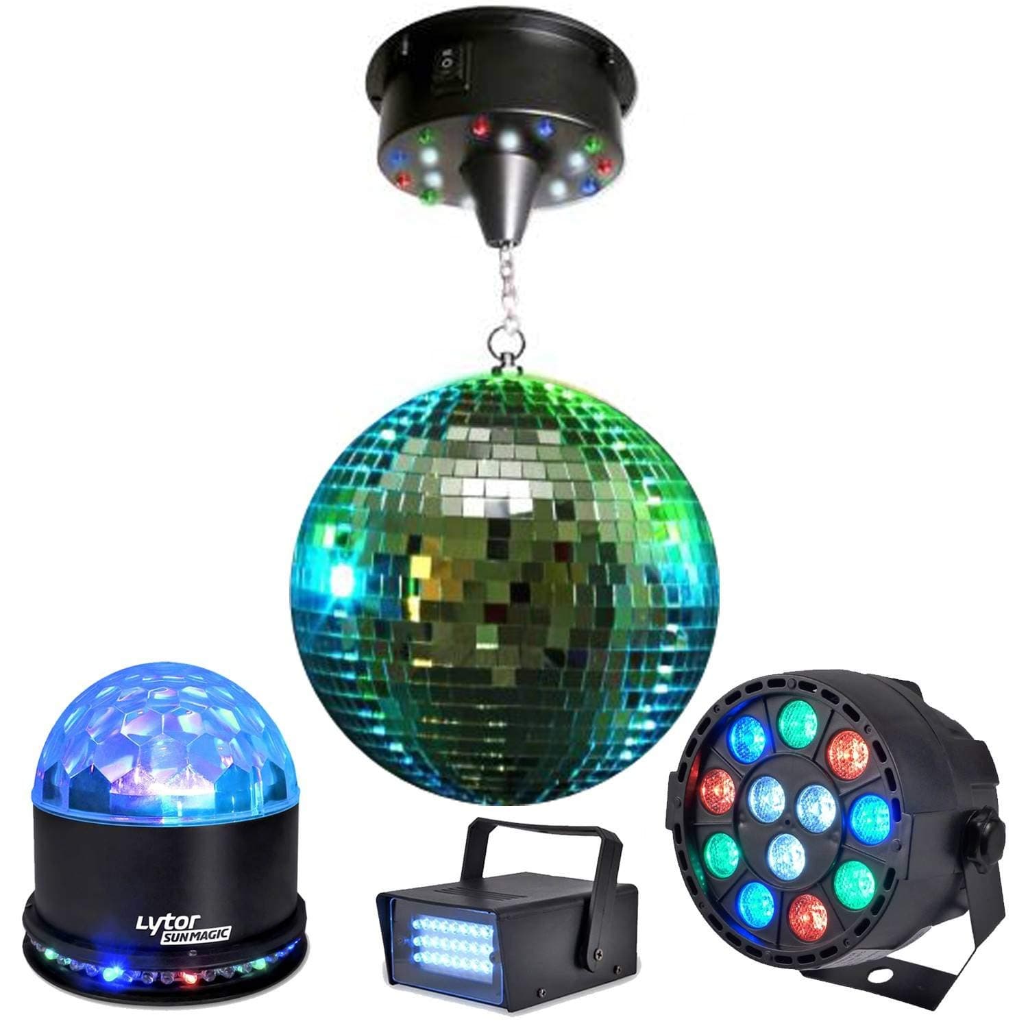 Mini Strobe Light Disco Ball 20 cm + + + par-mini-rgbw Sunmagic Pack