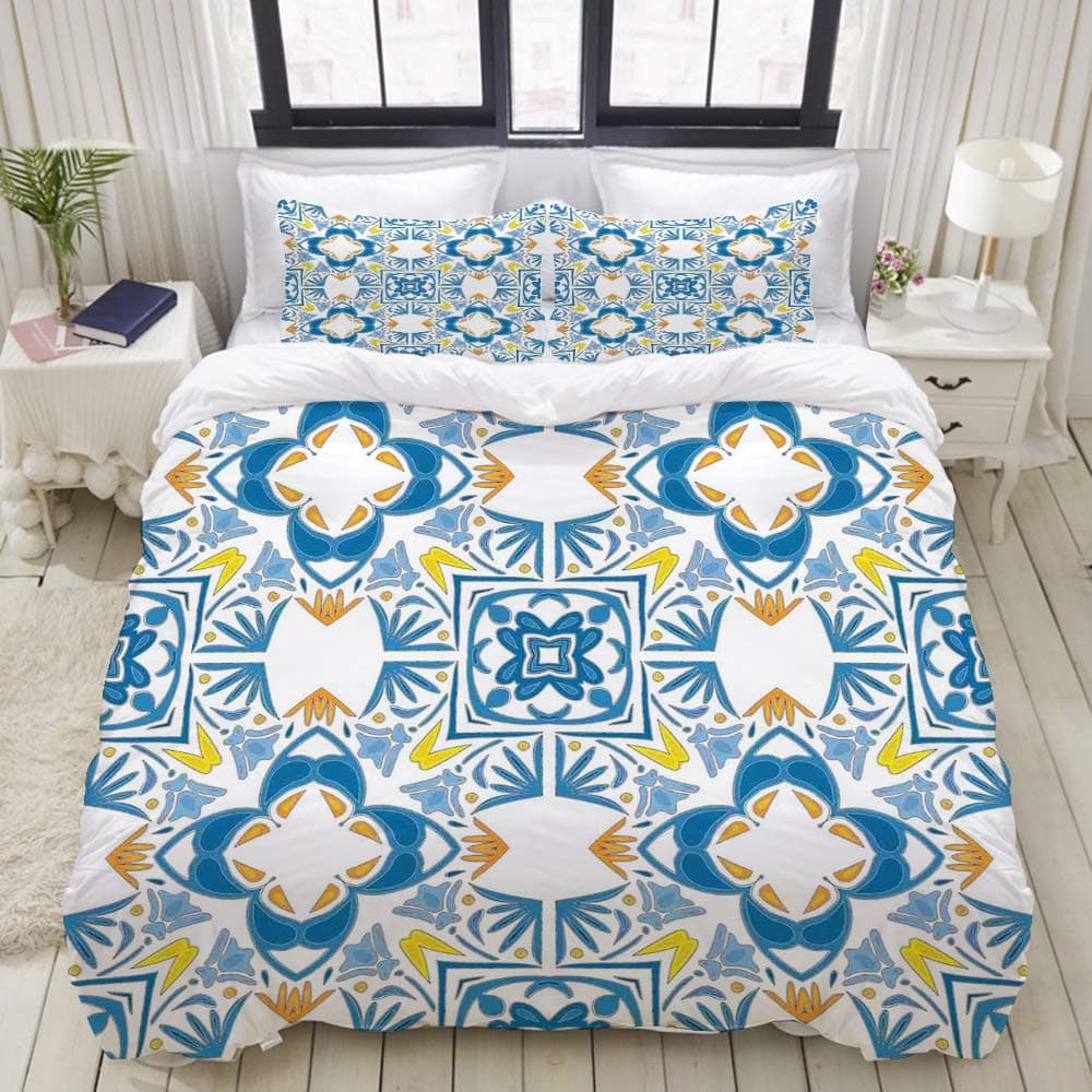 VANKINE 3PC Bedding Set Tunisian Mosaic with Azulojo Spanish Influence Authentic Retro Arabesque Inspired Artwor 1 Duvet Cover with 2 Matching Pillowcases Dorm Room Decor Twin/Twin XL