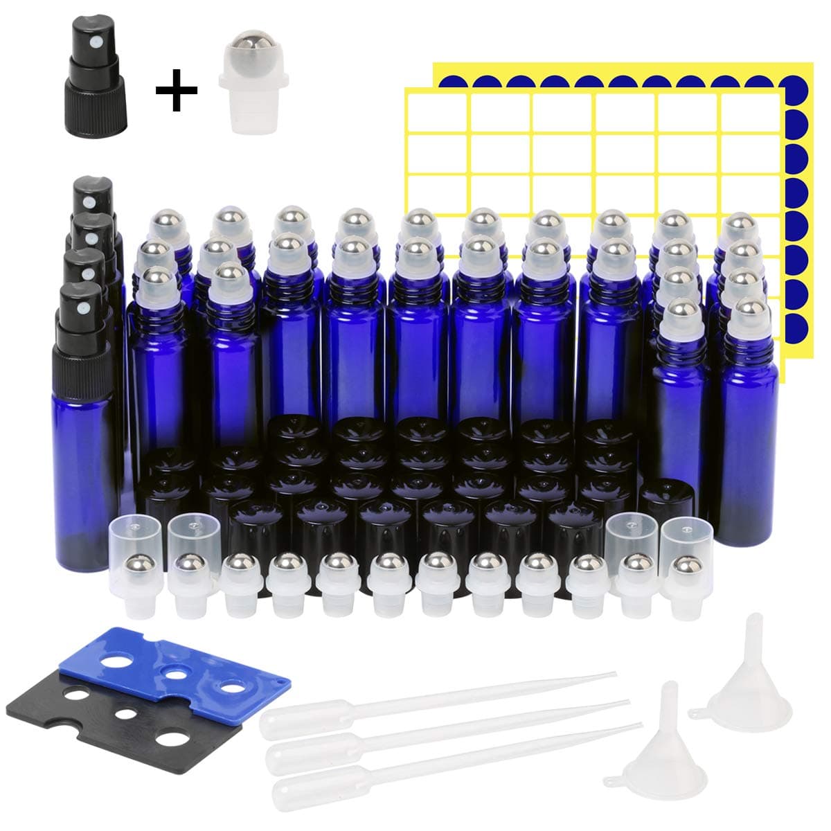 Essential Oil Roller Bottles,30 Pack 10ml Cobalt Blue Glass Roller Bottles with Stainless Steel Roller Balls(4 Extra Spray,8 Extra Roller Balls,3 Dropper,2 Funnel,2 Opener,138 Label)
