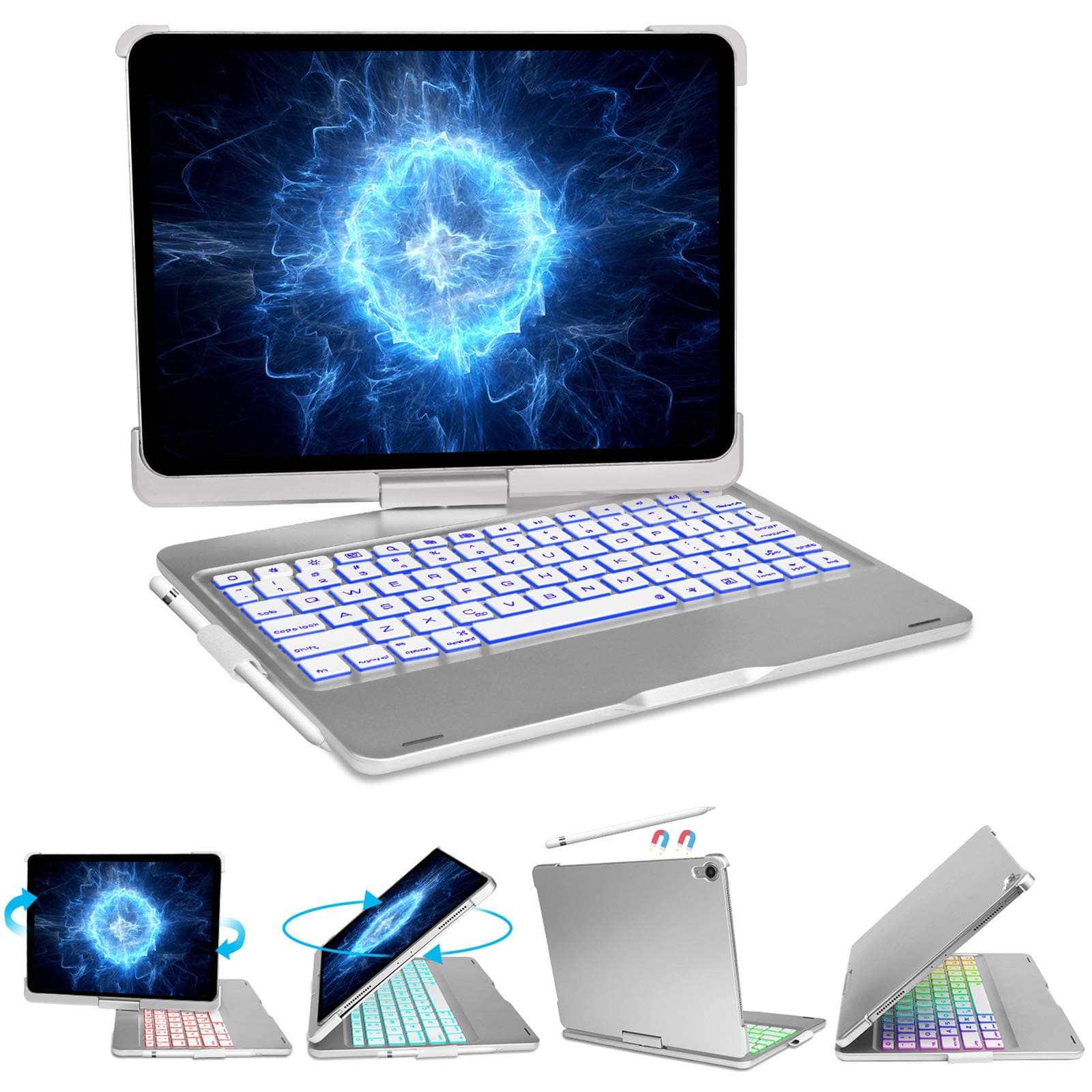 Keyboard Case for iPad Pro 11 inch 2018– 360° Rotatable Wireless Keyboard Case with 7 Color Backlit, Compatible with iPad 10.9”Air 4th Gen/iPad 11” 3rd Gen, Silver