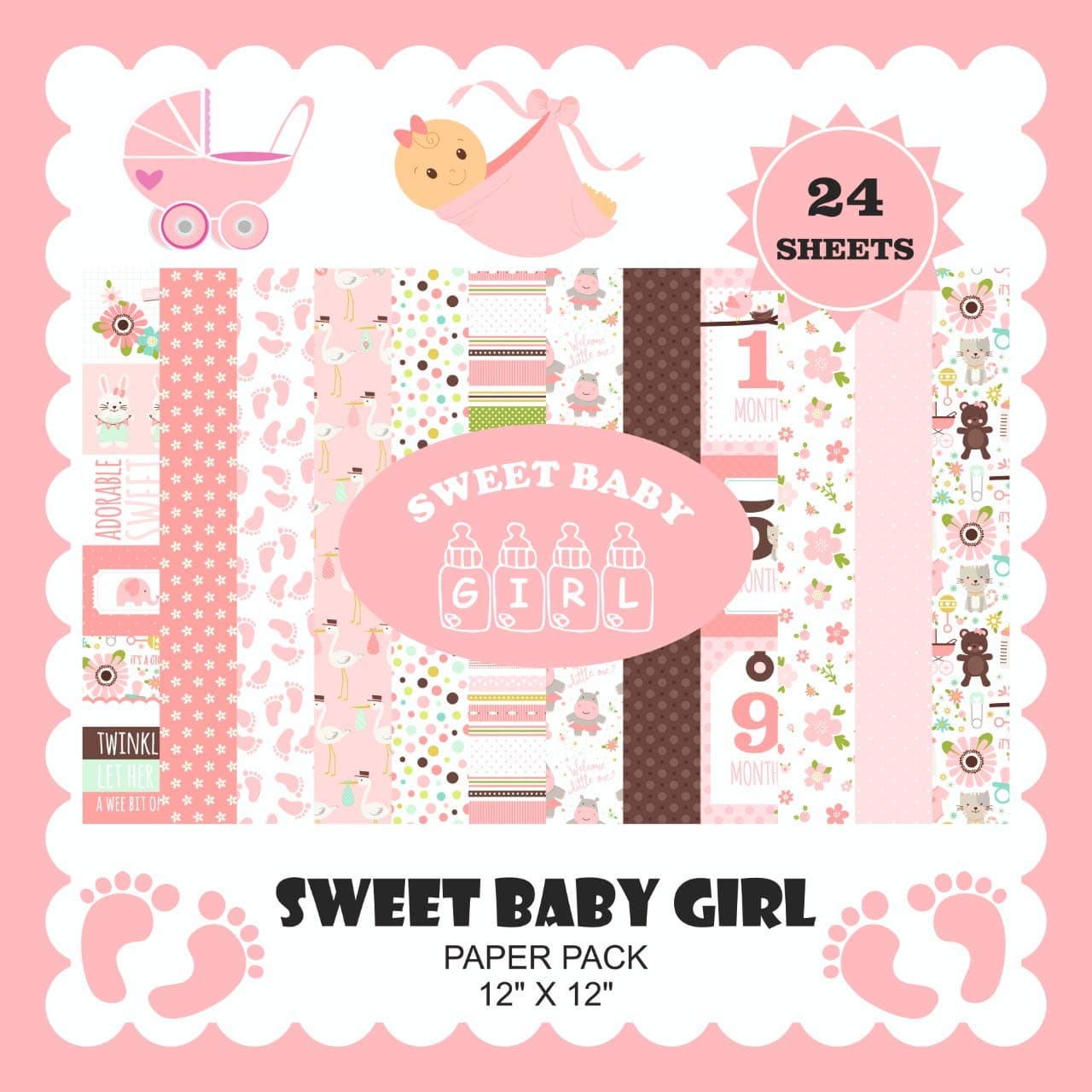 CraftDev Love Themed Printed Thick Scrapbook Papers for Art N Craft, 12x12 Inches - Set of 24 (Baby Girl)