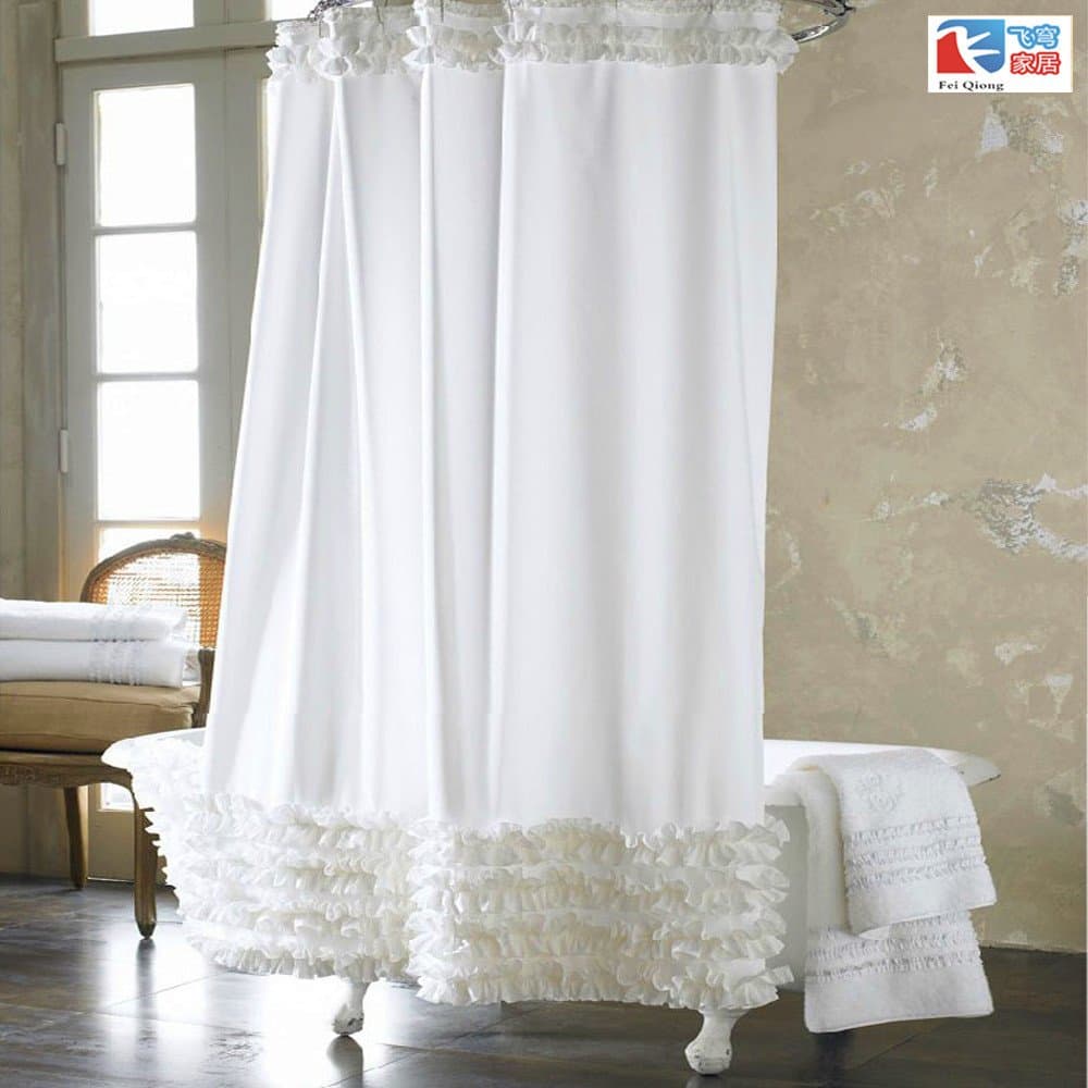 Polyester Stripped Shower Curtain Ruffled Curtains for Bathroom 70"by70" (White)