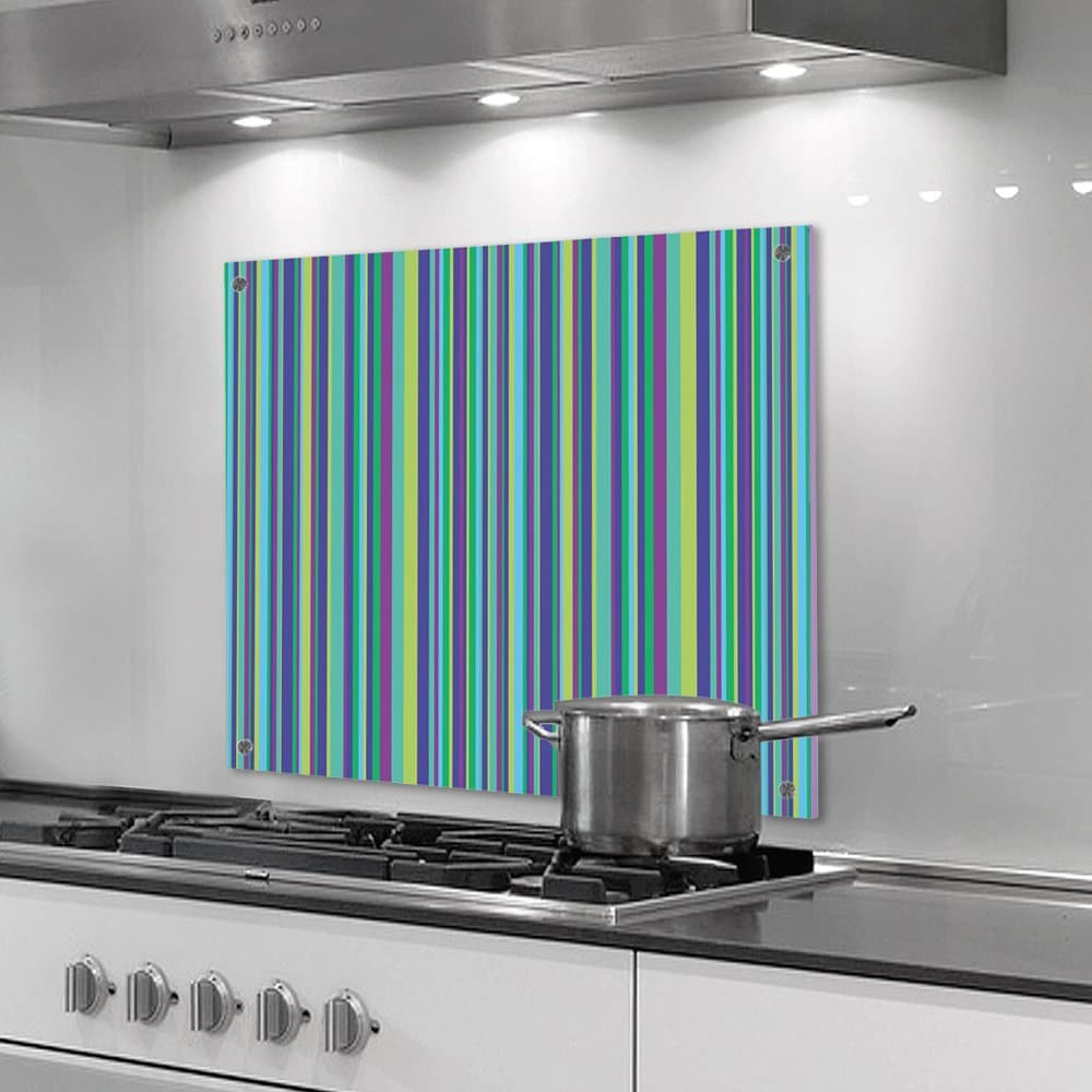 designersgroup Glass Screen Protector for Kitchen (safety crystal) - Blue Green Stripes - with or without holes (point holder) 50 x 75 cm (ohne Bohrlöcher)