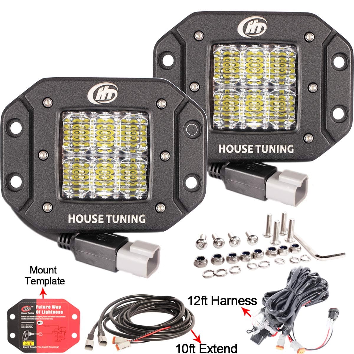HOUSE TUNING Backup LED Light 60W,Flush Mount LED Pods Kit Diffused Flood Beam with 20ft Wiring Harness (Pack of 2)