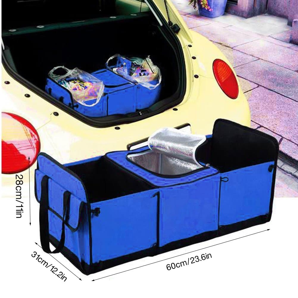 Deler Foldable Multi Compartment Fabric Car Truck Van SUV Storage Basket Trunk Organizer and Cooler Set (Three Compartments, Blue)