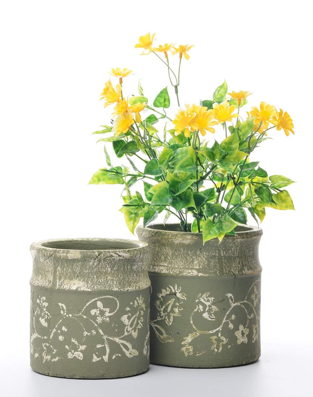 Rustic Ceramic Flower Pot Garden Planters Pack 2 Indoor Outdoor Vintage Plant Containers (6''+7'', Green Leaves)