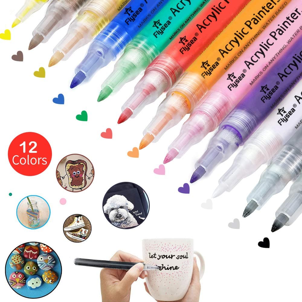 Acrylic Paint Pens, 12 Colors 0.7mm Extra-Fine Tip Premium Waterproof Permanent Paint Art Marker Pen Set for Rocks Painting, Ceramic, Glass, Wood, Fabric, Canvas, Mugs, DIY Craft, Scrapbooking Craft