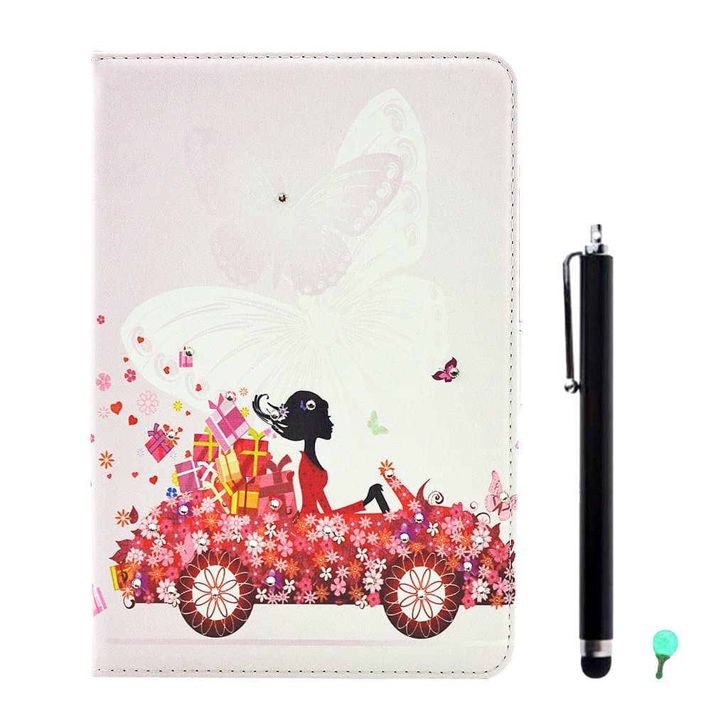 PU Leather Case for Samsung Galaxy Tab A 8.0 SM-T350, Aohro Bling Glitter Beautiful Flowers Series Diamond Folio Flip Stand Cover + Stylus Pen + Dust Plug - Car Flower Girl
