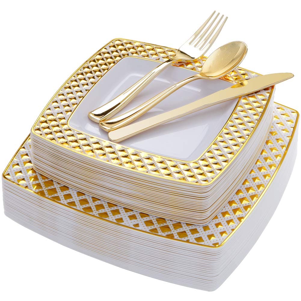 WDF 125PCS Gold Plastic Plates with Disposable Plastic Silverware,Diamond Square Plastic Tableware Include 25 Dinner Plates,25 Salad Plates,25 Forks, 25 Knives, 25 Spoons