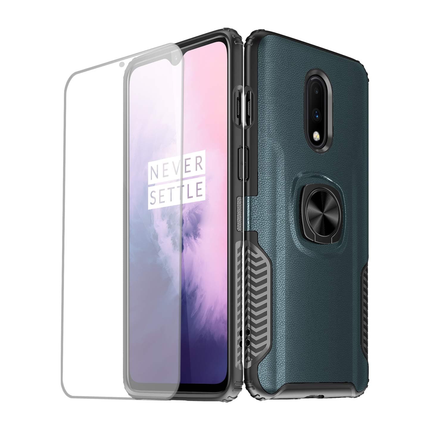 Udomax OnePlus 7 Case,360 Degree Rotating Ring Kickstand Fit Magnetic Car Mount Cases for OnePlus 7,Ultra-Slim OnePlus 7 Tempered Screen Protector(as Gifts),Cyan Blue