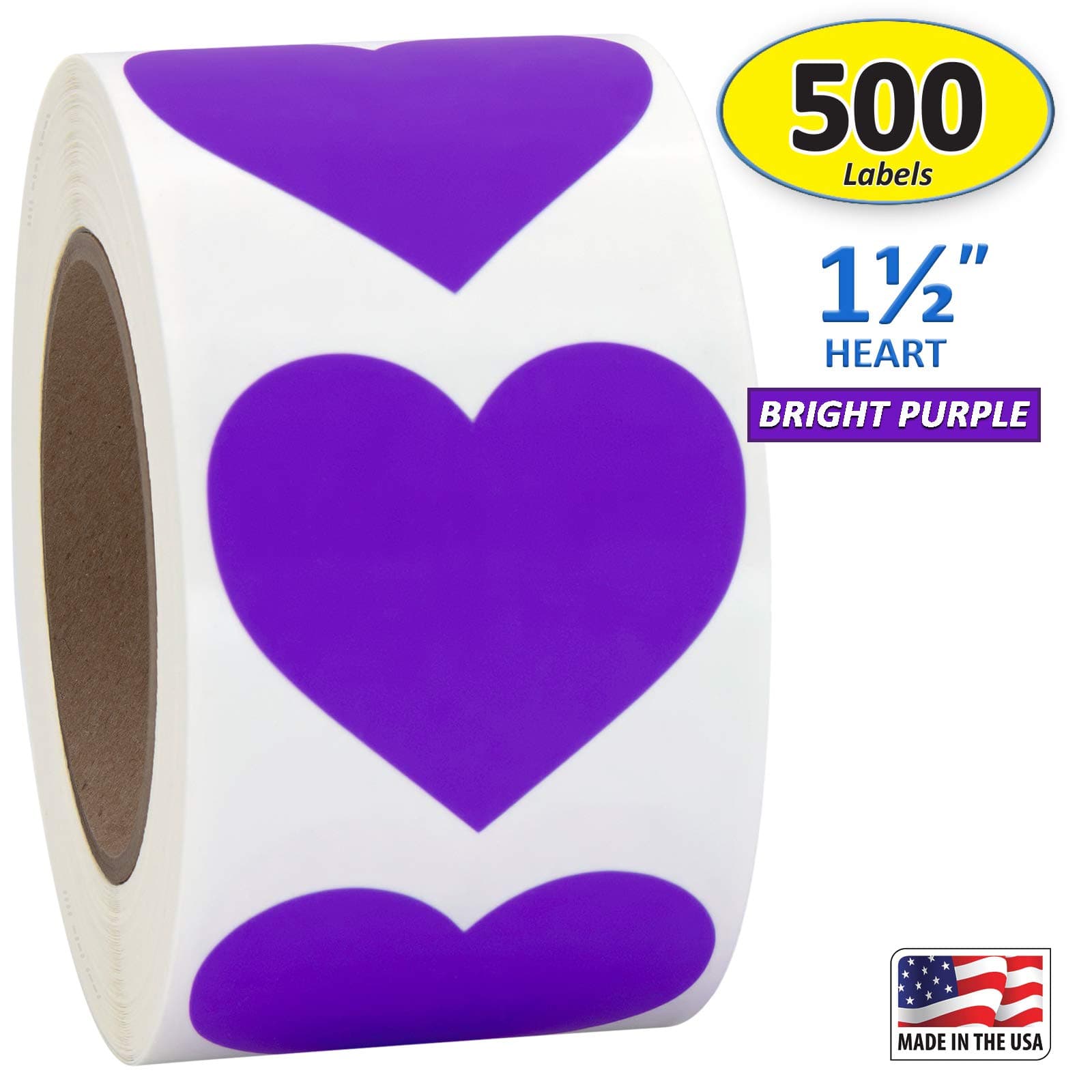 Purple Heart Shaped Sticker Labels, 1 1/2" Diameter, 500 per Roll, 1.5 inch