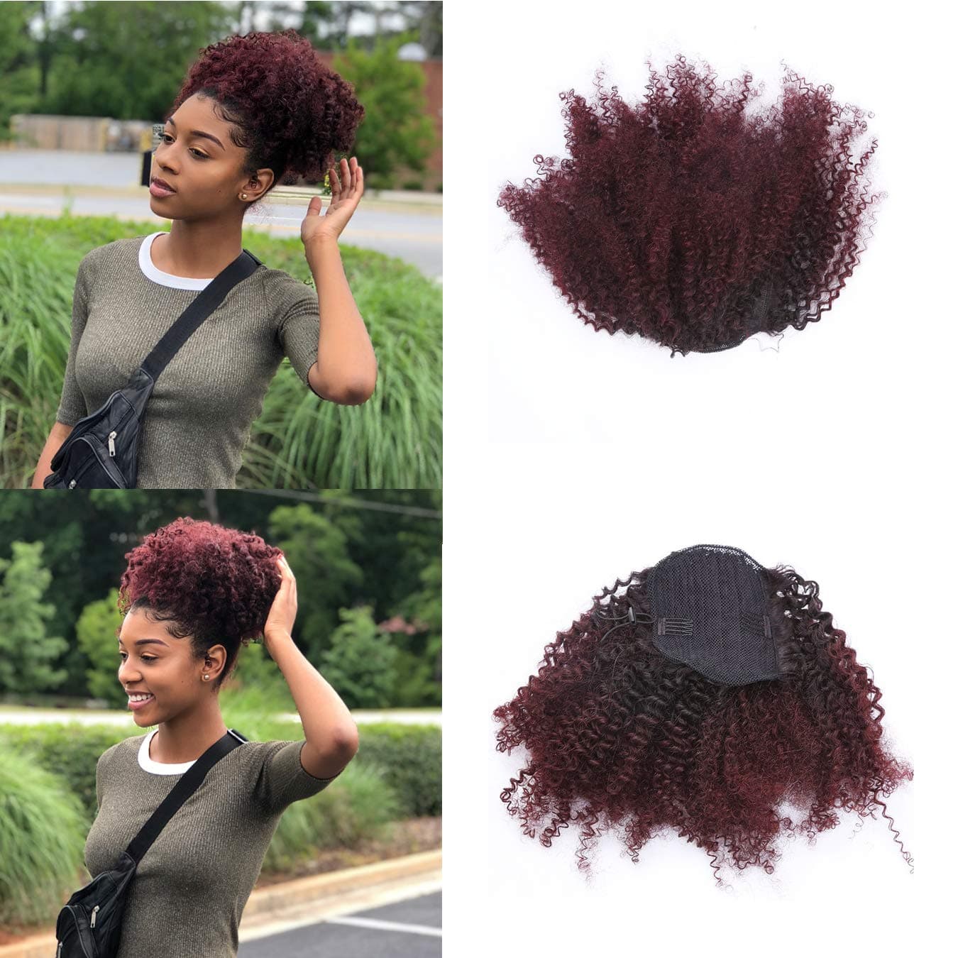 Anrosa Kinky Curly Drawstring Ponytail Afro Kinky Drawstring Ponytail Human Hair Ponytail for Black Women Afro Ponytail for Natural Hair Curly Ponytail Hair Piece Ombre Ponytail 1b/99j 14 Inch
