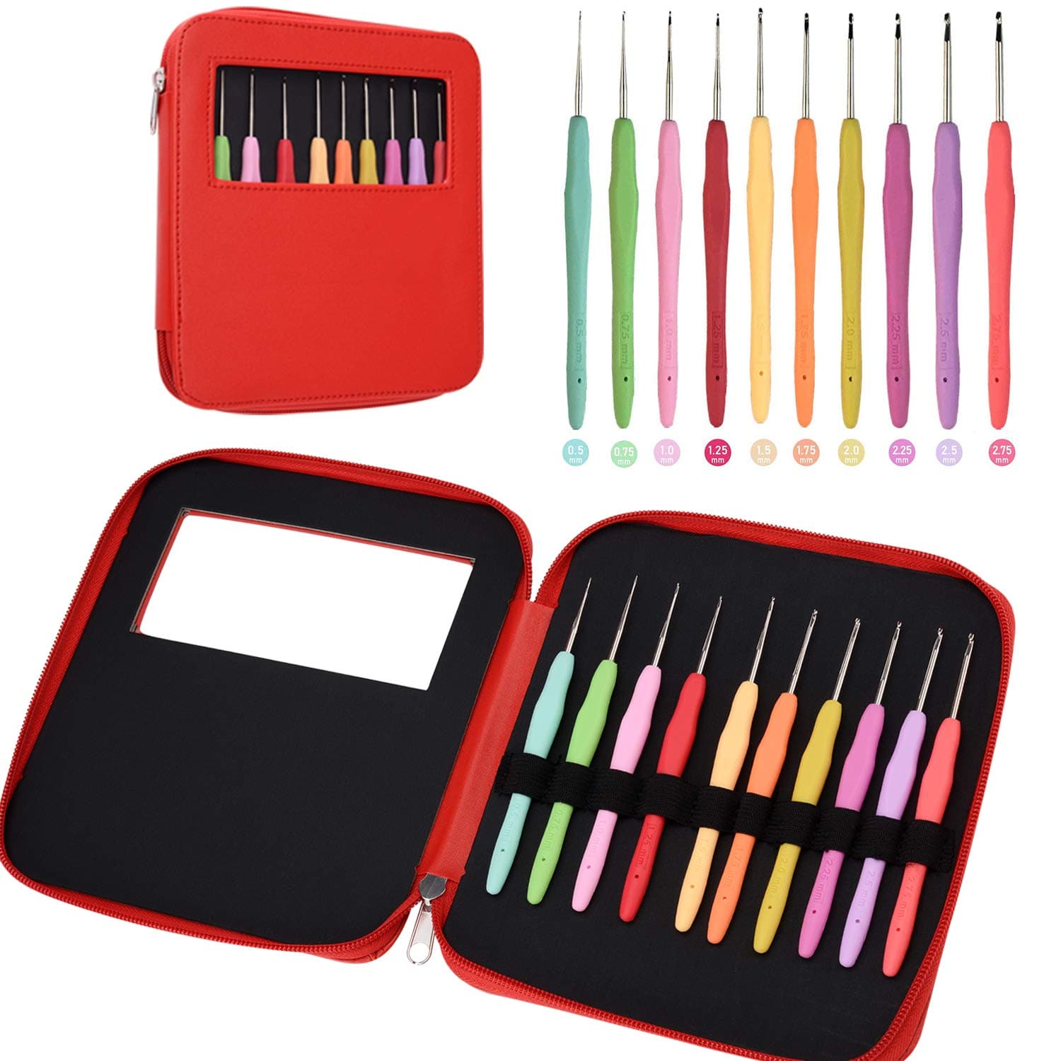 Lace Crochet Hooks,10 Small Size 0.5mm-2.75mm Aluminum Crochet Hooks Set with Case,Ergonomic Crochet Hook Set for Arthritic Hands(Red)