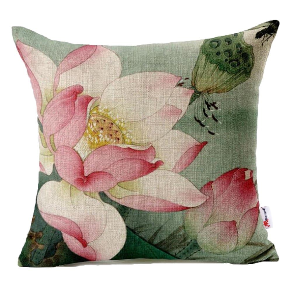Monkeysell Lotus Leaf Butterfly Flowers Pattern Cotton Linen Throw Pillow Case Cushion Cover Home Sofa Decorative 18 X 18 Inch (S042B3)