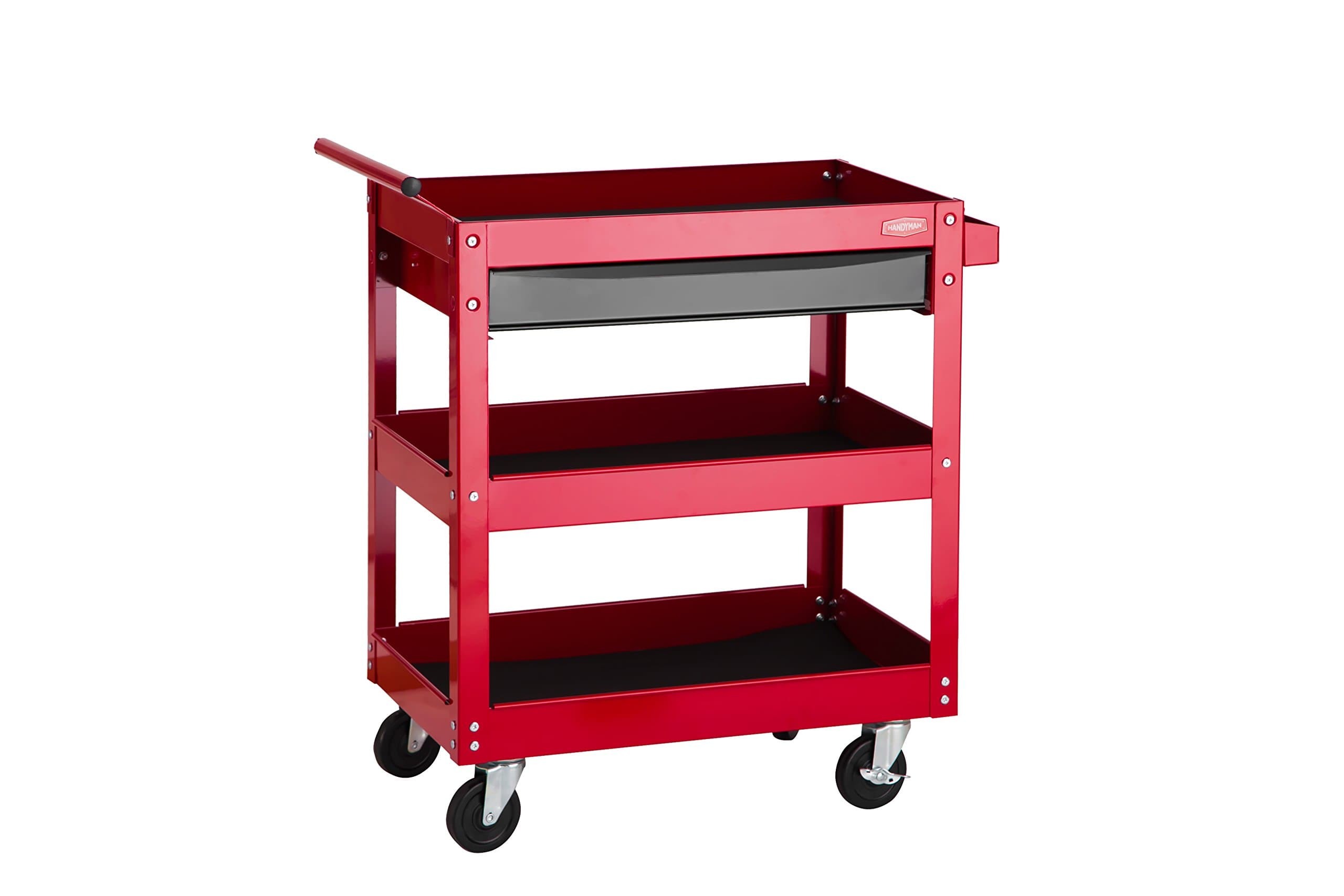 Handyman Steel Tool Cart Rolling Tool Chest Box Wheels Tray with Side Handle for Easy Mobility - Color Red / Black Drawers
