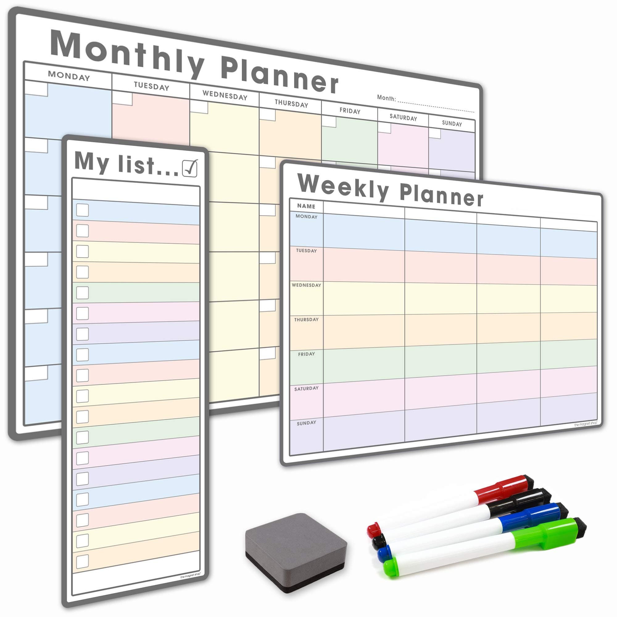 TMS #1 Magnetic Whiteboard Planner Pack/Custom Dry Erase Set | Weekly Planner, My List, Monthly Calendar | 4 Dry Wipe Marker Pens, Eraser (Pastel, Bundle 1)
