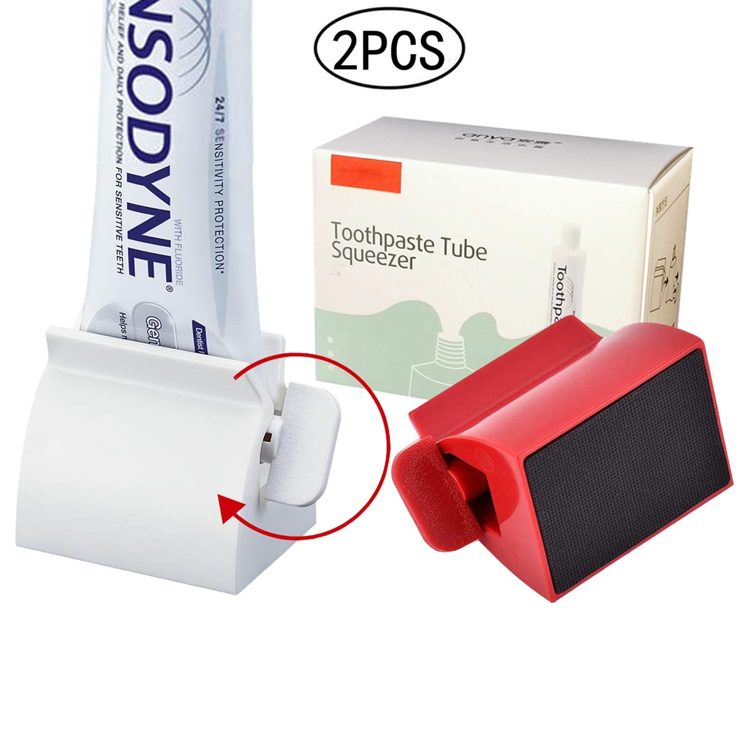 ONDY 2PCS Rolling Tube Toothpaste Squeezer,Heavy-Duty Toothpaste Dispenser with Rubber Pad Multi-Function Squeezer for Most Tubes (Red and White)