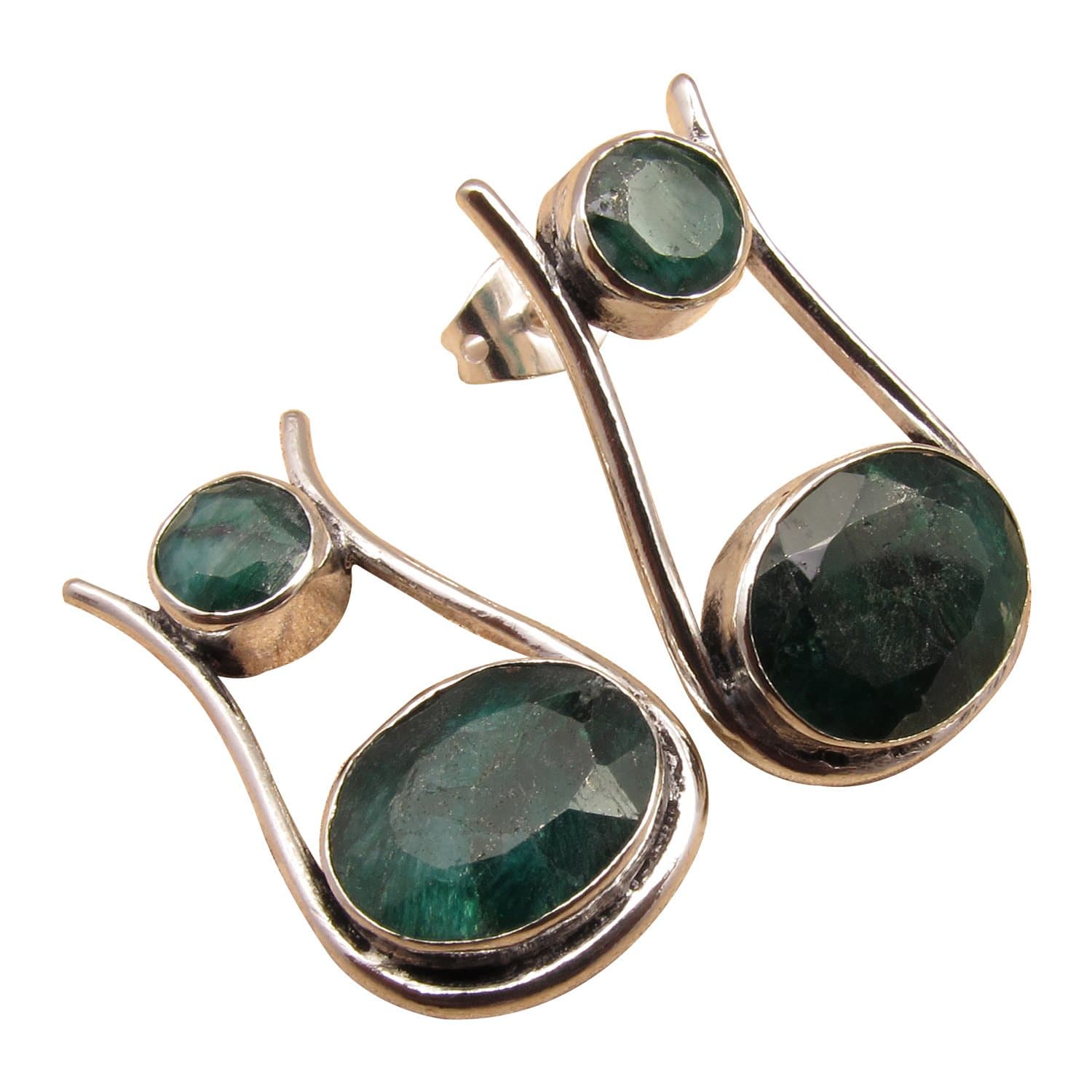 Green EMERALD 2 Gemstone Stud Earrings ! 925 Sterling Silver Plated Fashion Jewelry HANDMADE