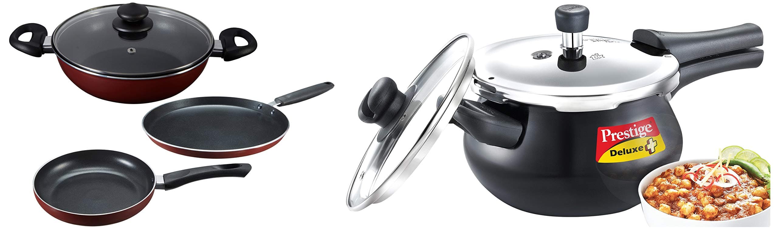 Prestige Omega Deluxe Induction Base Non-Stick Kitchen Set, 3-Pieces & Deluxe Duo Plus Induction Base Aluminium Pressure Cooker, 3.3 litres, Black Combo