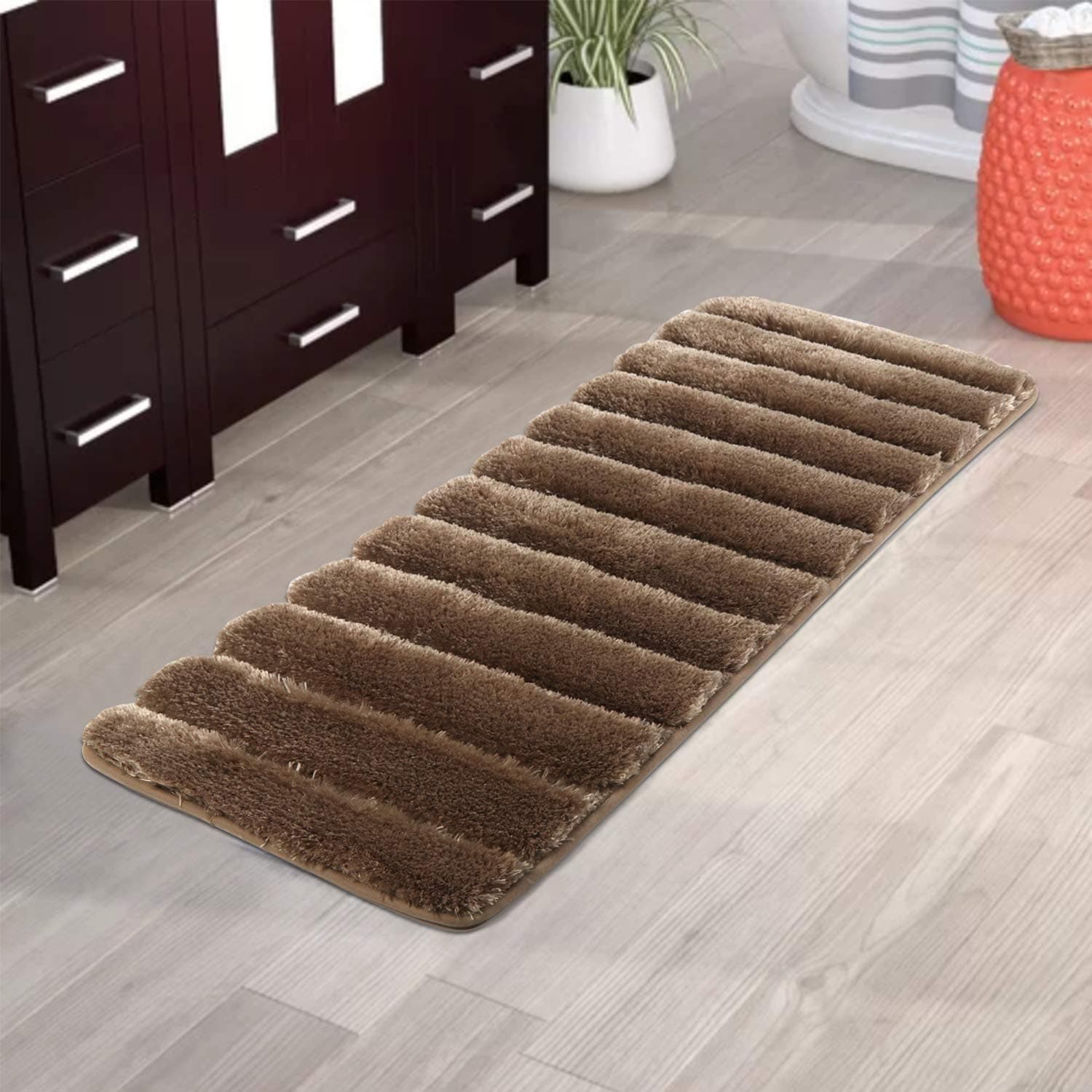 Artiron Bathroom Rug Runner, 18"×47" Non Slip Durable Thick Tufted Bath Mat Soft Luxury Microfiber Shaggy Rug Machine-Washable Fluffy for Bath Rugs Classic Coffee