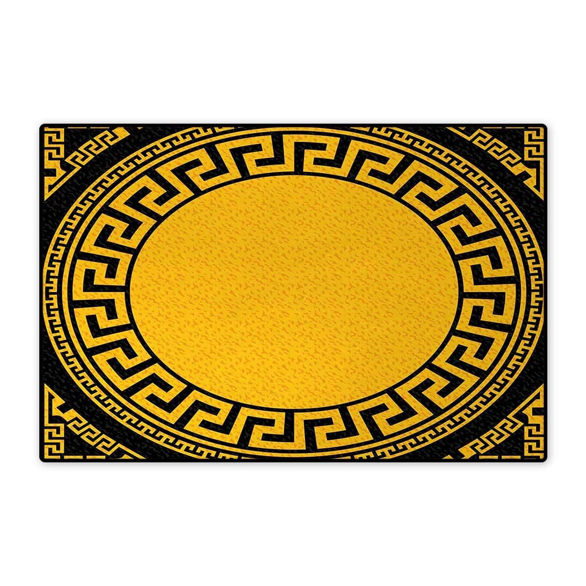 smallbeefly Greek Key,Bath Mat,Sun Inspired Big Circle with Antique Fret and Triangular Ornaments,Door Mat Indoors Bathroom Mats Non Slip,Charcoal Grey Marigold 24"x36"