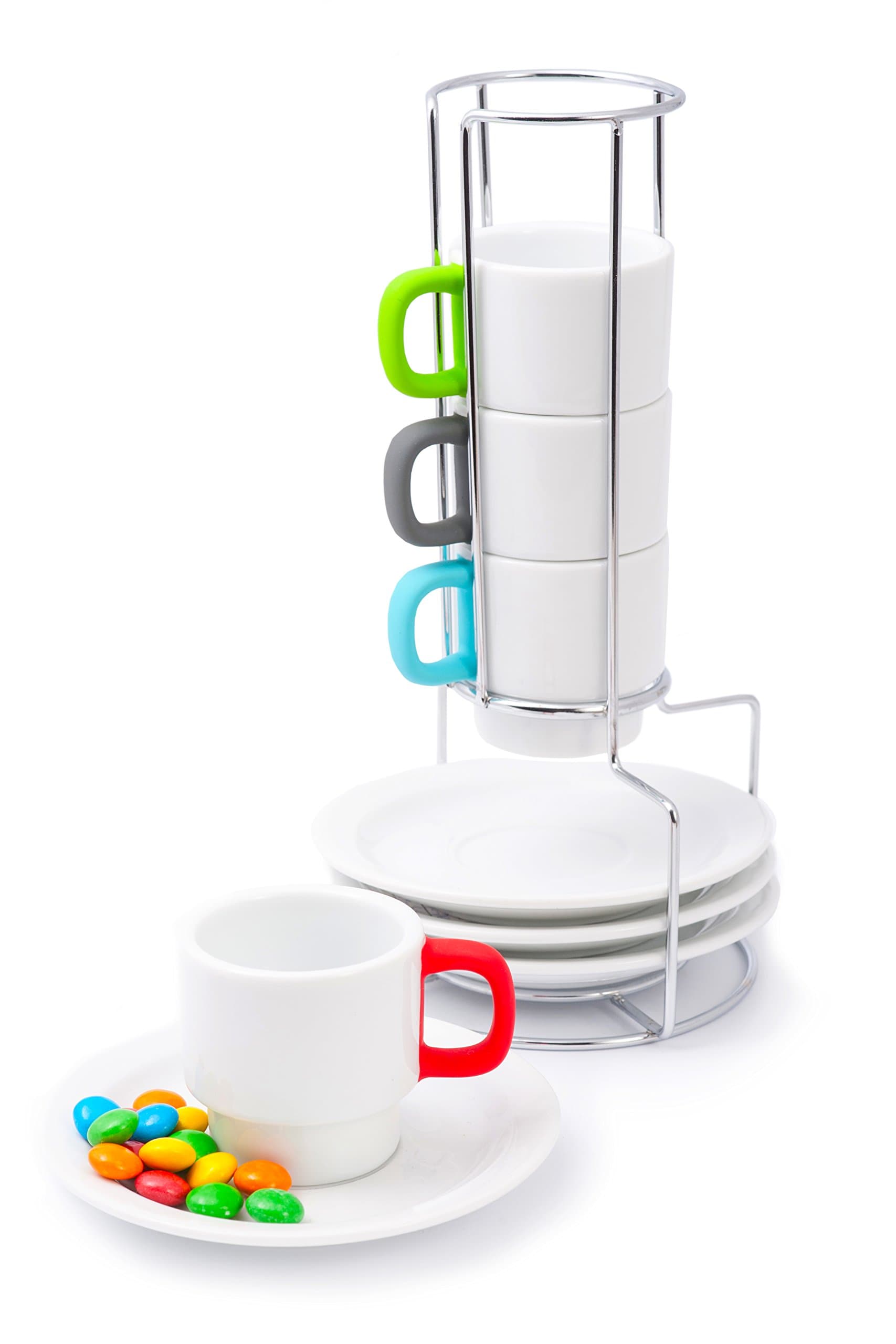 Doubleshot Espresso Coffee Cup Stackable Set – White Porcelain Demitasse Cups for Turkish Coffee – Multicolor Handles Protect from Burn – 4 Cups 70ml / 2.4oz and Saucers – Chrome Rack