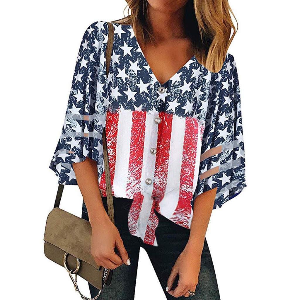 Misaky Women's American Flag Off Shoulder Mesh Panel Blouse 3/4 Bell Sleeve Top Shirt