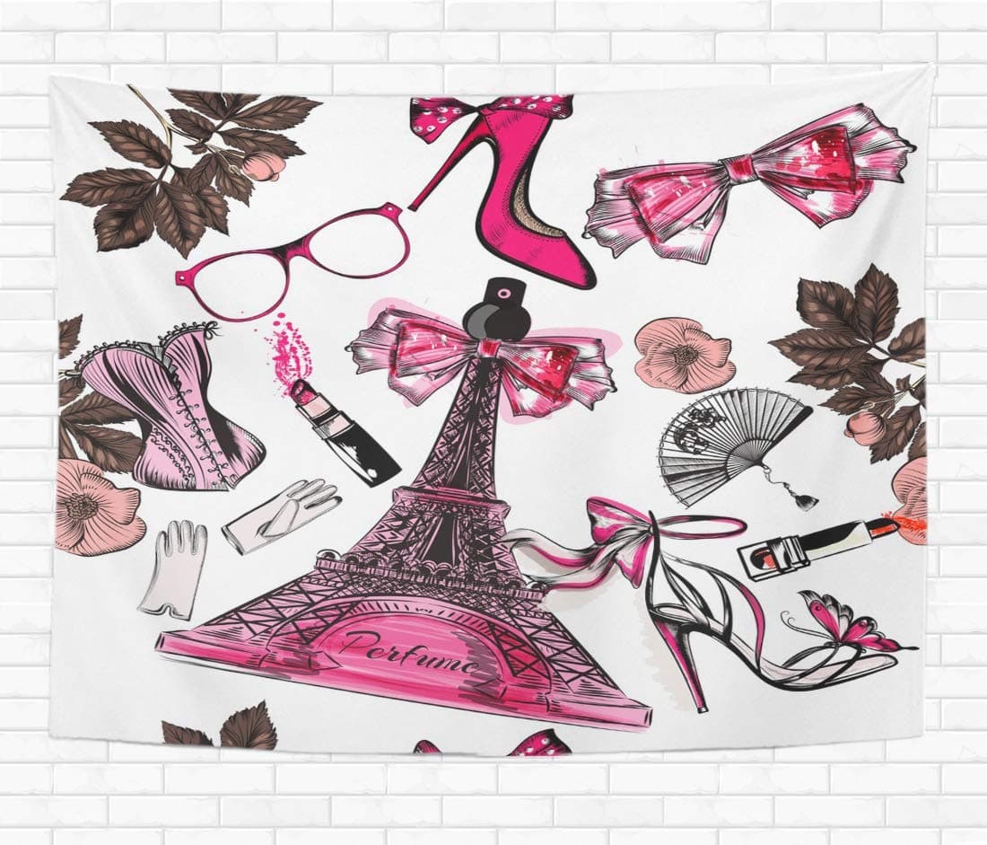 Topyee Home Decorative Tapestry Wall Hanging Red Beautiful Perfume Eifel Tower Shoes Sandals Flowers 50x60 Inch Tapestries Wall Blanket for Dorm Living Room Bedroom