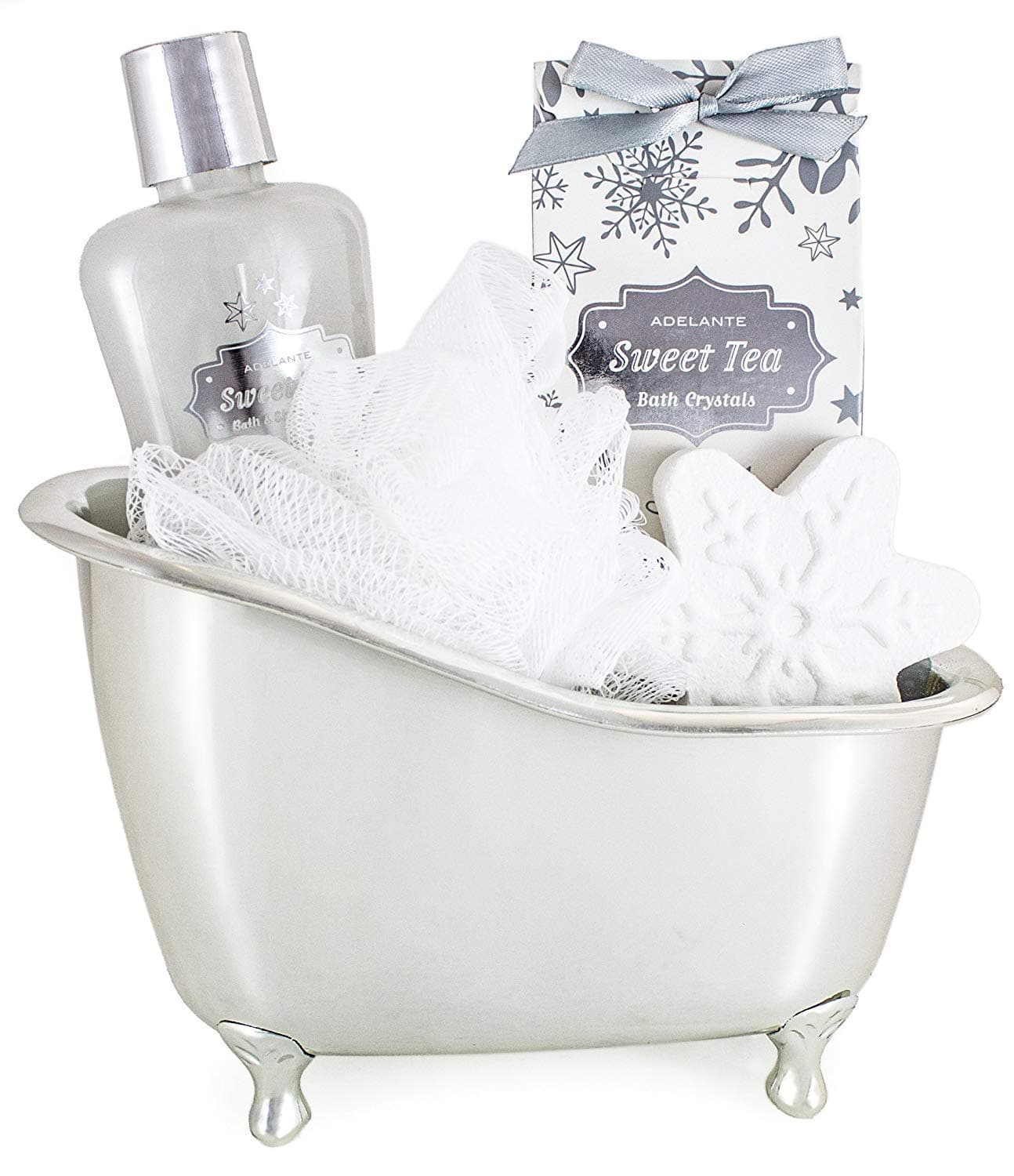 BRUBAKER 6 Pcs Beauty Gift Set 'Sweet Tea' - with Silver Bathtub, Body Lotion, Bath Fizzer, Shower Gel, Bath Crystals & Sponge - Beauty Spa Set