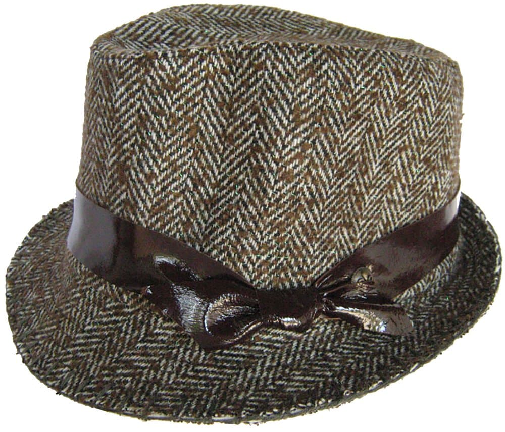Dream Control Wool Tweed Herringbone Fedora Low Profile Trilby Patent Leather Hat Band