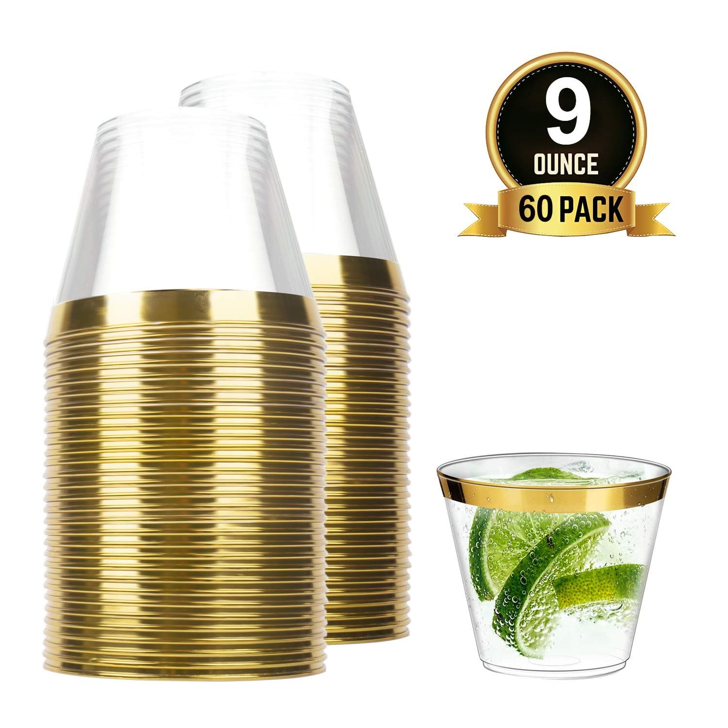 TOROTON 60 Pieces Clear Cups, 9 oz Recyclable Cups with Gold Rimmed, for Wedding Party Birthday Dinner Occasions