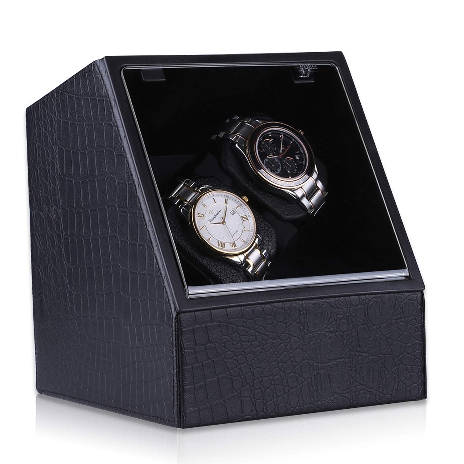 CRITIRON 2 Automatic Watch Winder PU Leather 4 Rotation Modes Dual Watches Storage Display Case Box Black