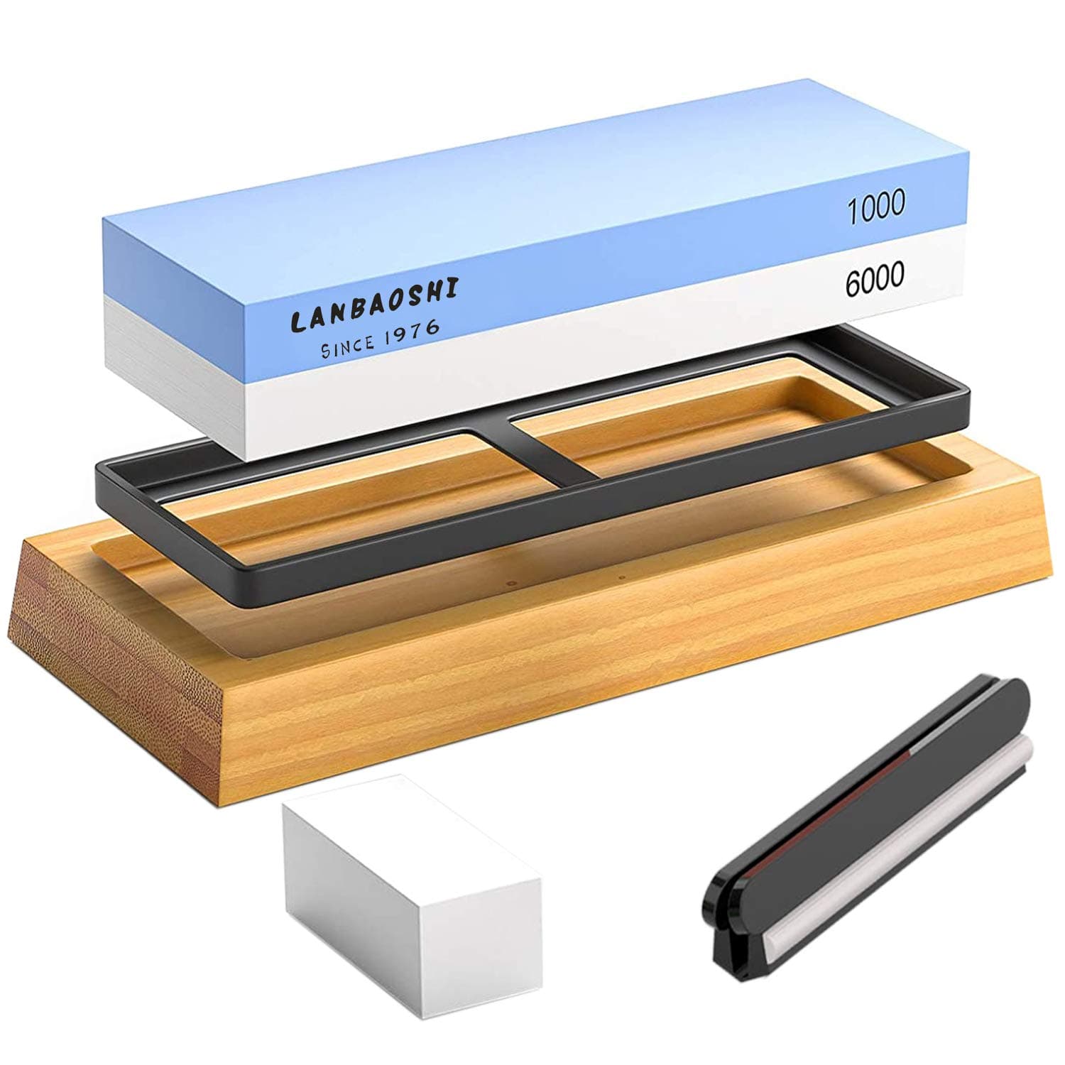 Knife Sharpening Stone Kit,2 Side Grit Whetstone 1000/6000,Chef Knife Sharpener Stone,Sharpening Stone Set,Waterstone with Nonslip Bamboo Base,Angle Guide and Flattening Stone.