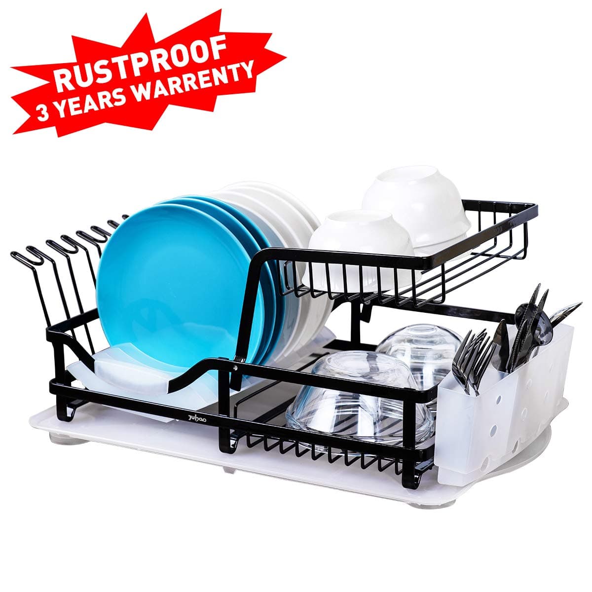 2-Tier Dish Rack, Dish Drying Rack with Utensil Holder and Drain Board Wine Glass Holder Easy-Storage Rustproof Kitchen Counter Dish Drainer Rack Organizer